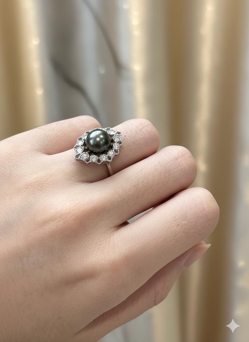 Tahitian Peacock Pearl Statement Ring – Sterling Silver, 9–10mm
