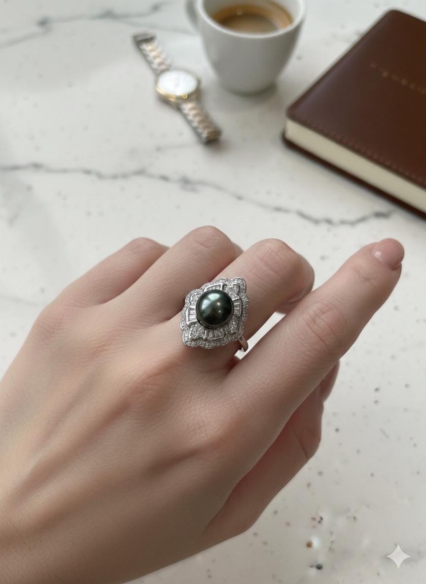 Tahitian Peacock Pearl Statement Ring – Sterling Silver, 9–10mm
