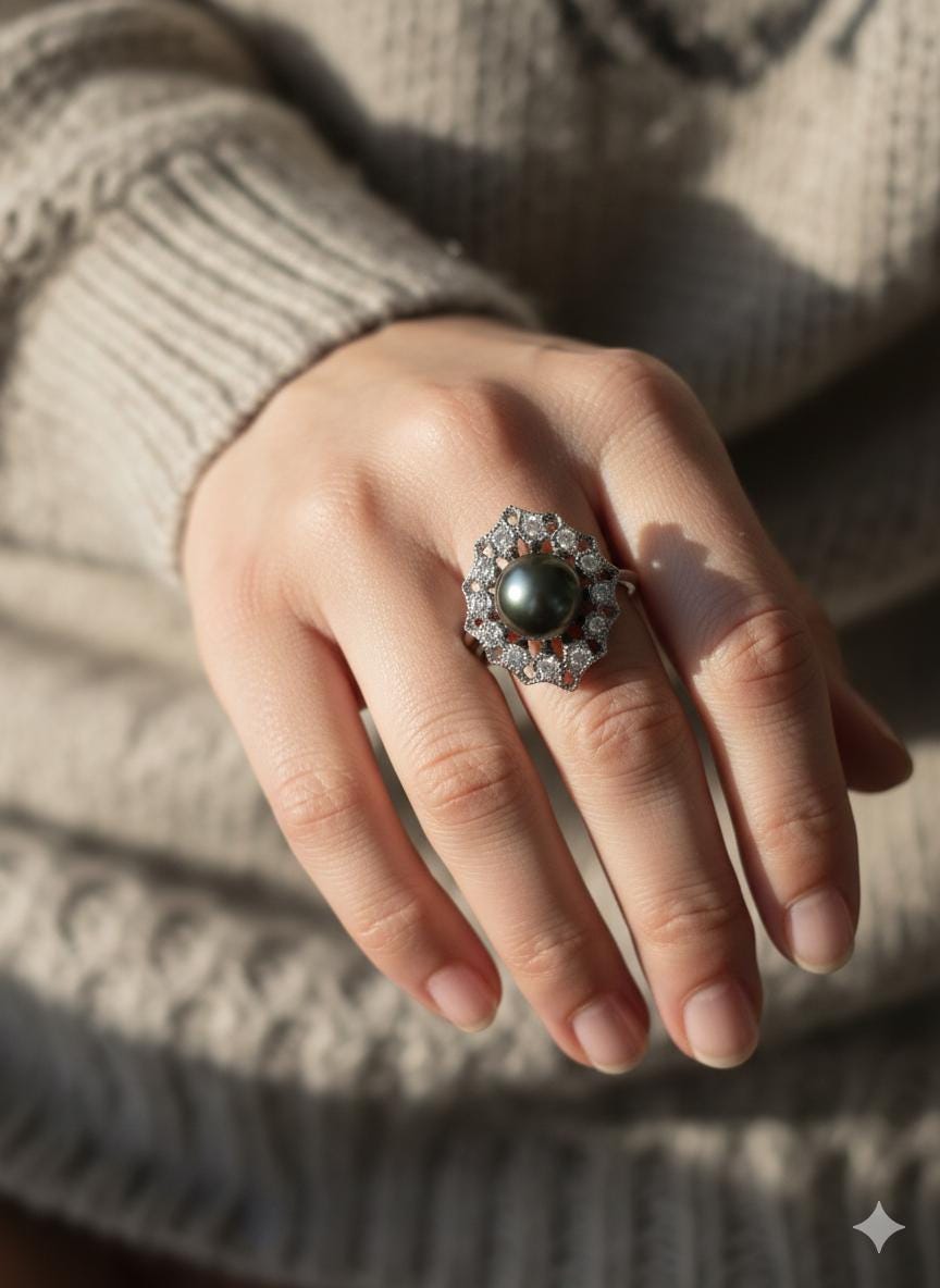 Tahitian Peacock Pearl Statement Ring – Sterling Silver, 9–10mm