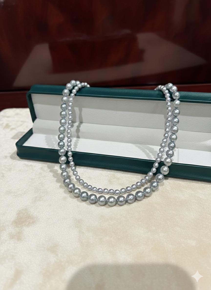 Blue Akoya Pearl Necklace Set – Double Strand, 5–6mm & 8–9mm