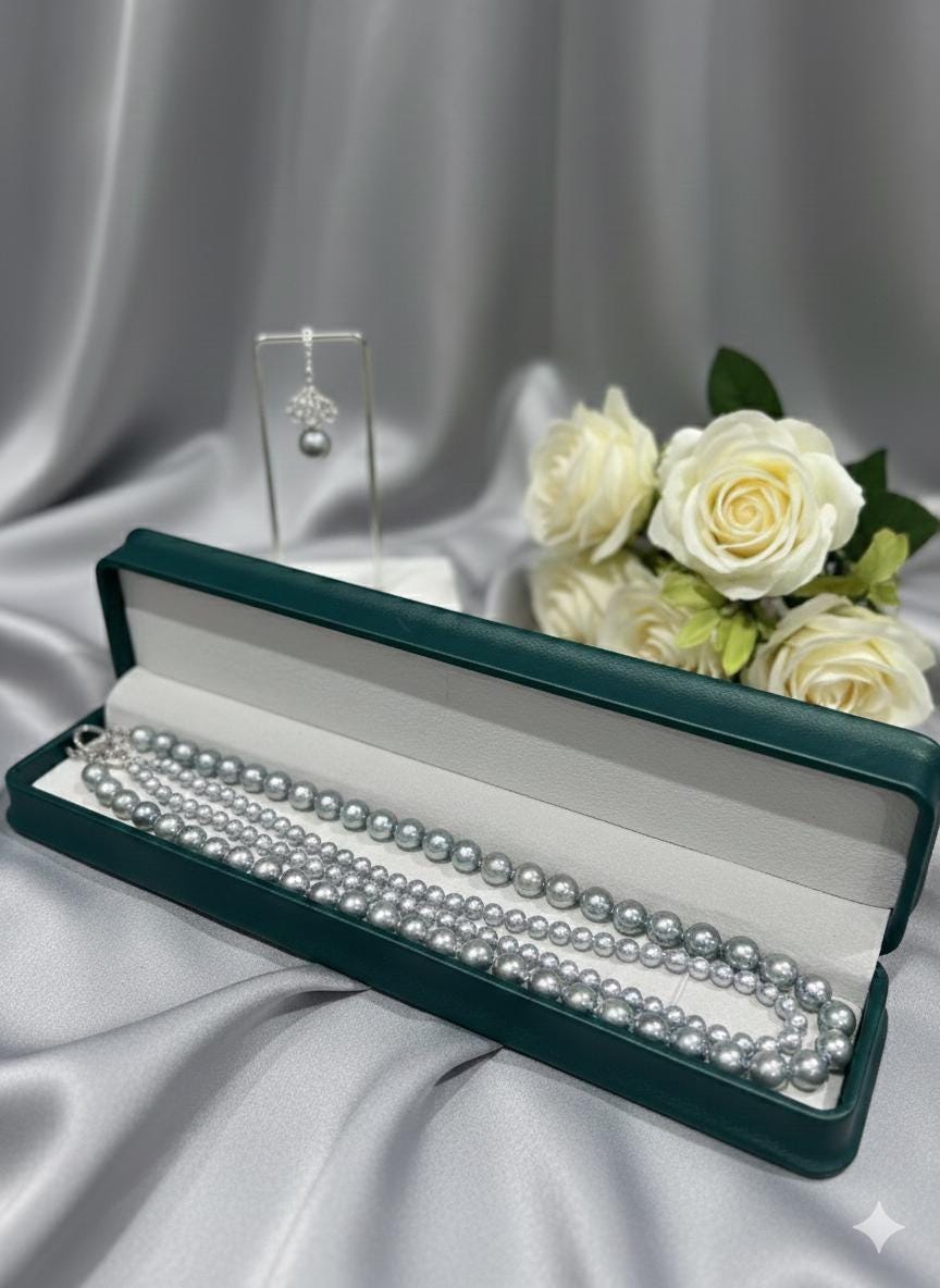 Blue Akoya Pearl Necklace Set – Double Strand, 5–6mm & 8–9mm