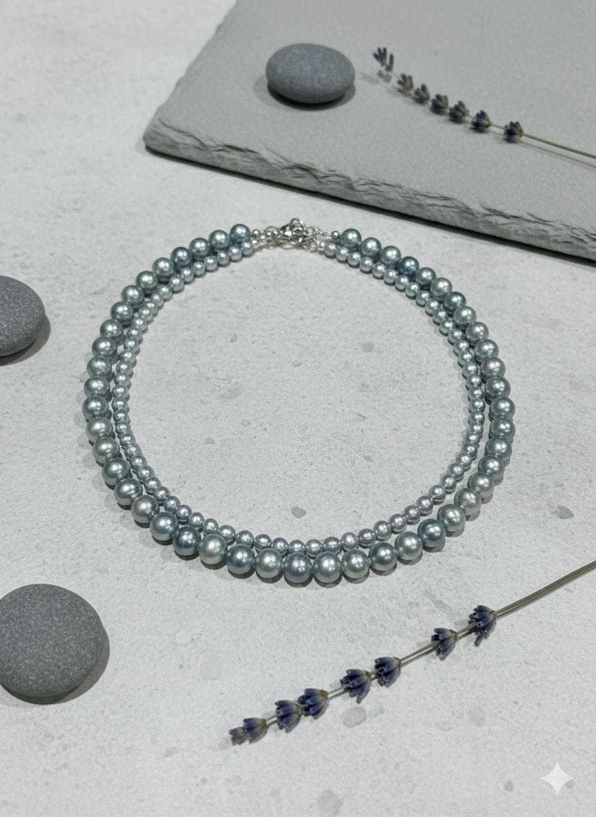 Blue Akoya Pearl Necklace Set – Double Strand, 5–6mm & 8–9mm