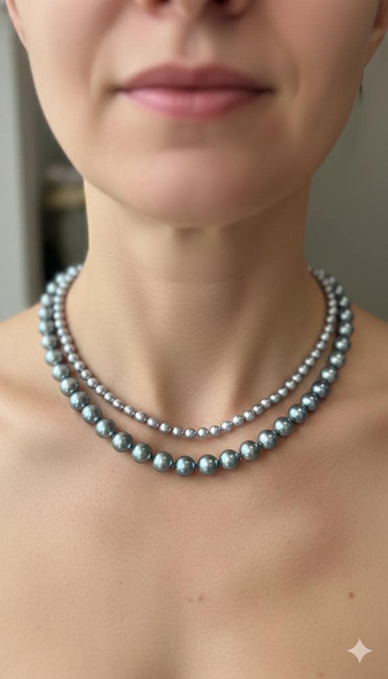 Blue Akoya Pearl Necklace Set – Double Strand, 5–6mm & 8–9mm