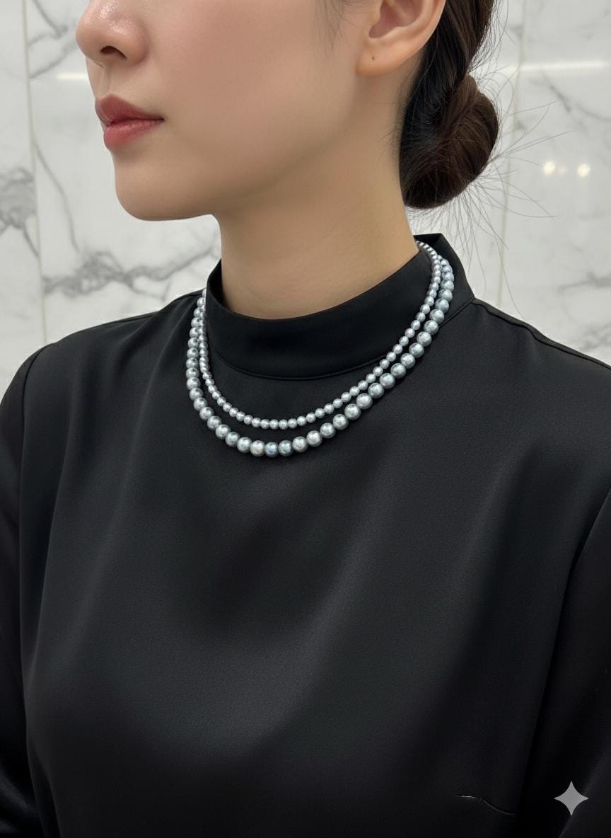 Blue Akoya Pearl Necklace Set – Double Strand, 5–6mm & 8–9mm