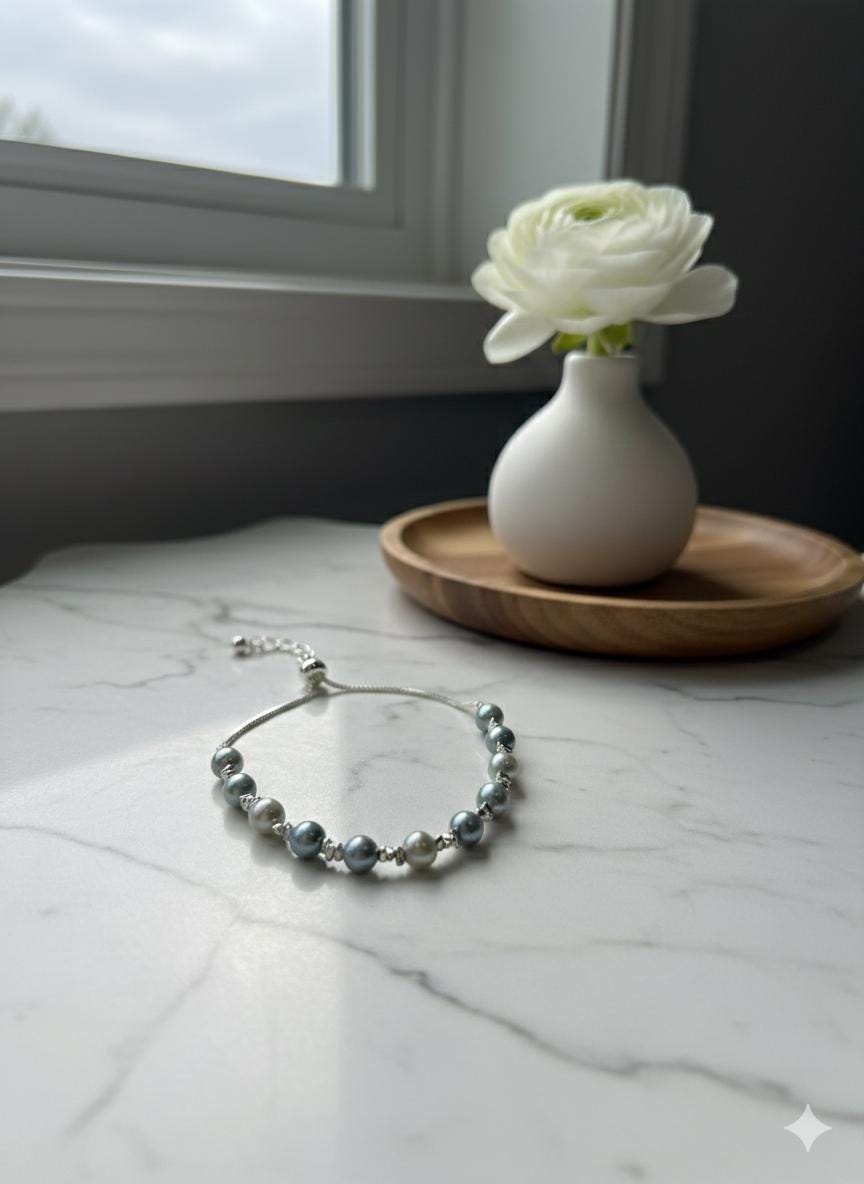 Blue Akoya Pearl Bracelet – Easy One-Hand Adjustable, Iridescent Blue, 6–7mm