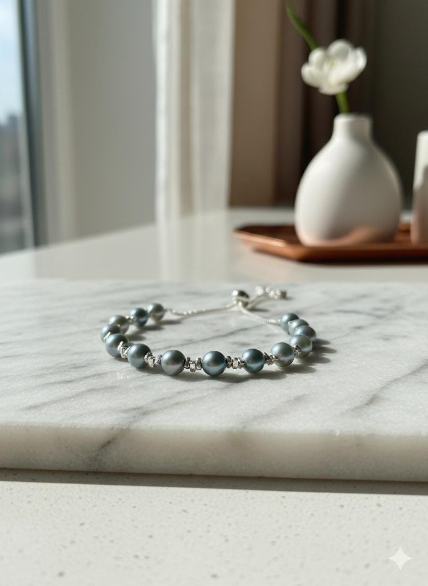 Blue Akoya Pearl Bracelet – Easy One-Hand Adjustable, Iridescent Blue, 6–7mm