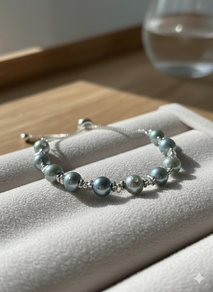 Blue Akoya Pearl Bracelet – Easy One-Hand Adjustable, Iridescent Blue, 6–7mm