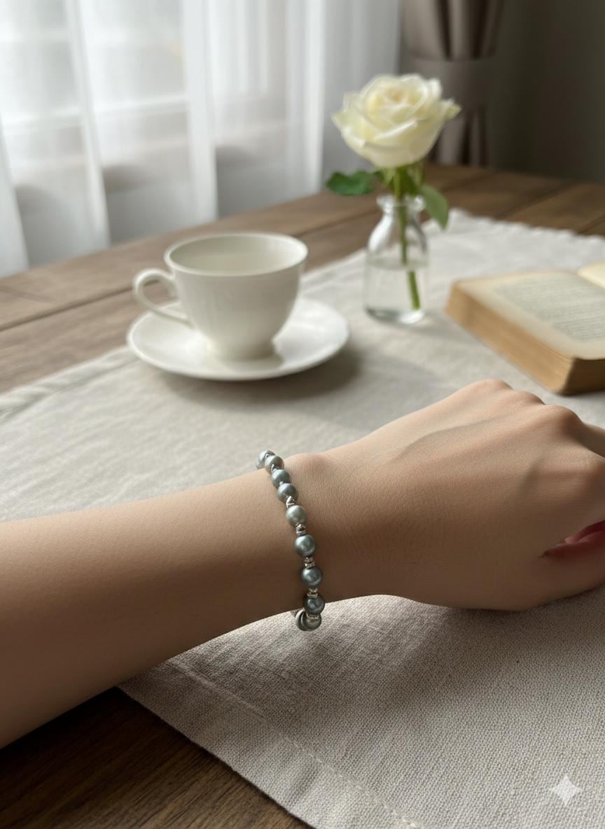 Blue Akoya Pearl Bracelet – Easy One-Hand Adjustable, Iridescent Blue, 6–7mm