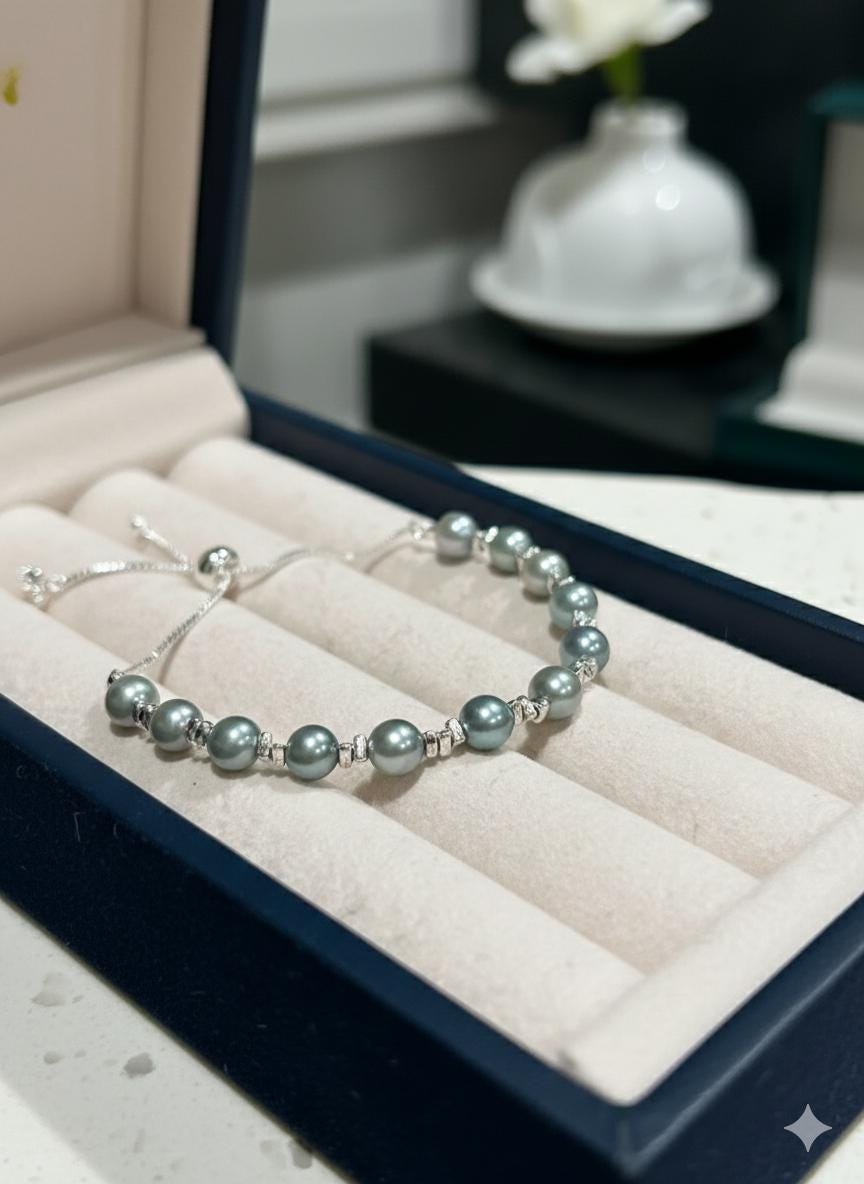 Blue Akoya Pearl Bracelet – Easy One-Hand Adjustable, Iridescent Blue, 6–7mm