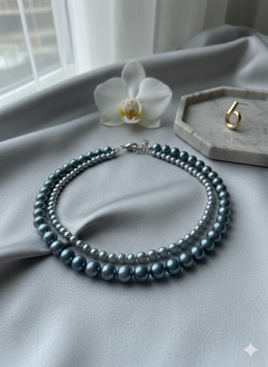 Blue Akoya Pearl Necklace Set – Double Strand, 5–6mm & 8–9mm