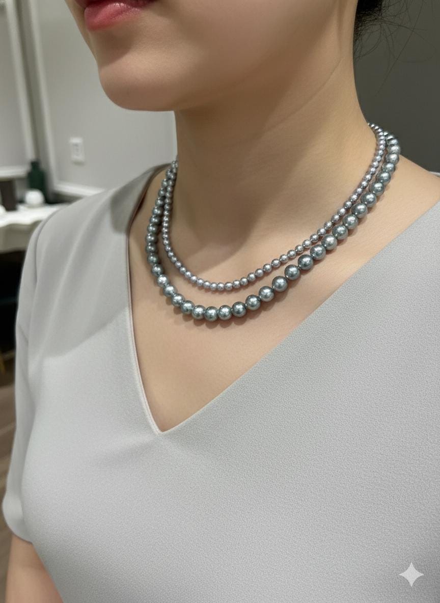 Blue Akoya Pearl Necklace Set – Double Strand, 5–6mm & 8–9mm