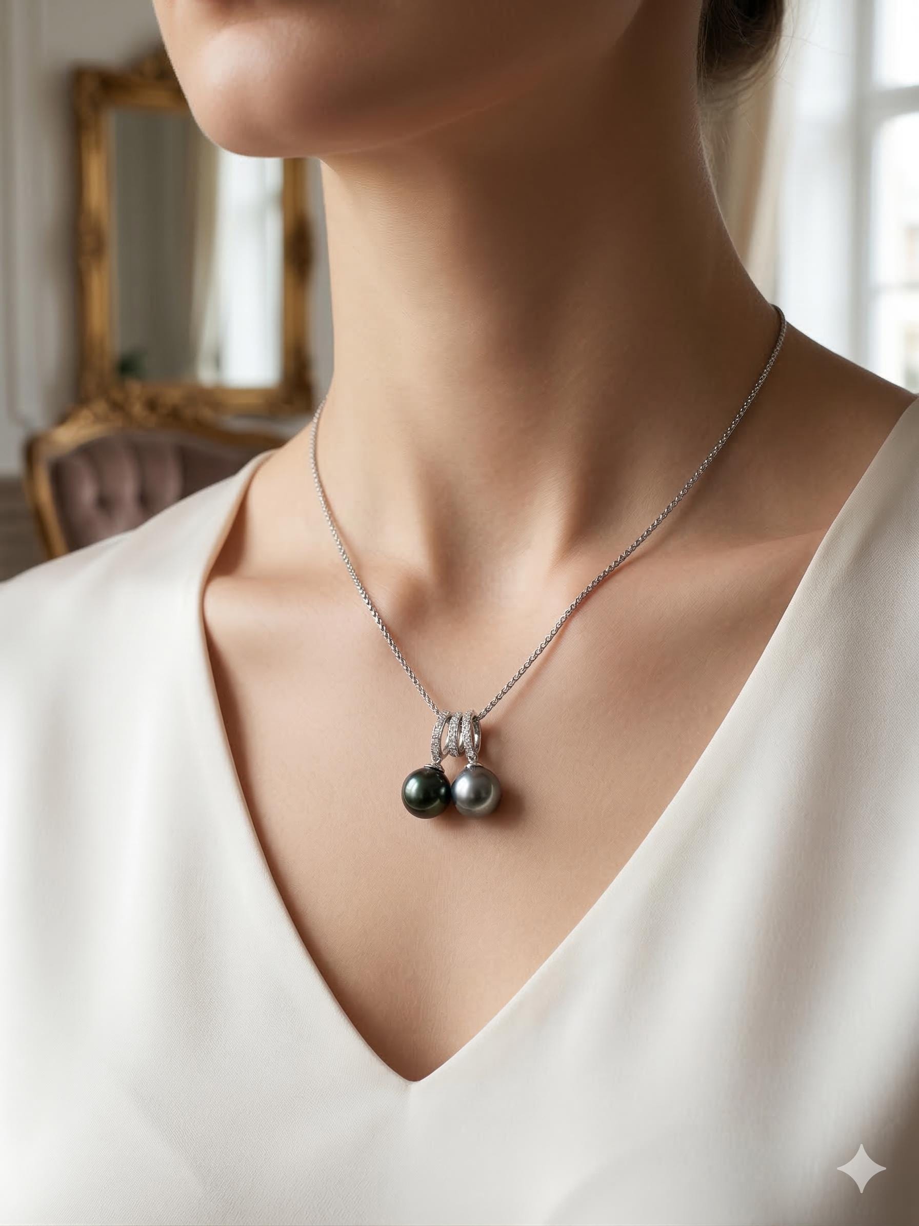 Dual Tahitian Pearl Pendant Necklace — Peacock & Platinum