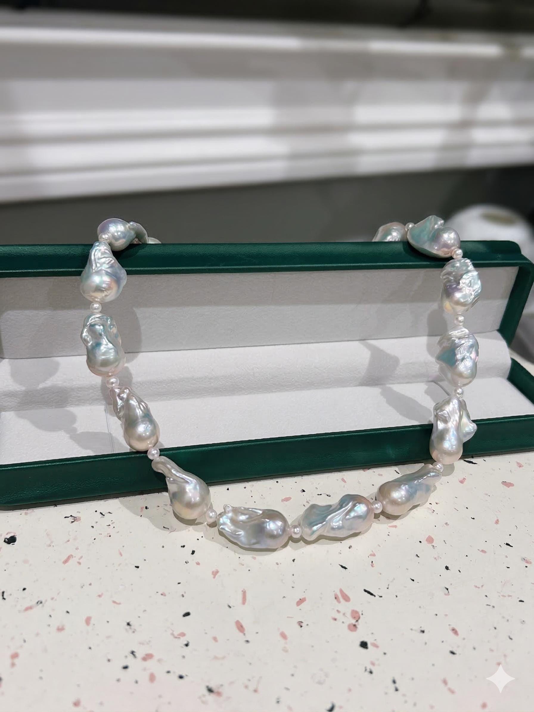 Silvery Blue Chunky Baroque Pearl Necklace – 11–13mm