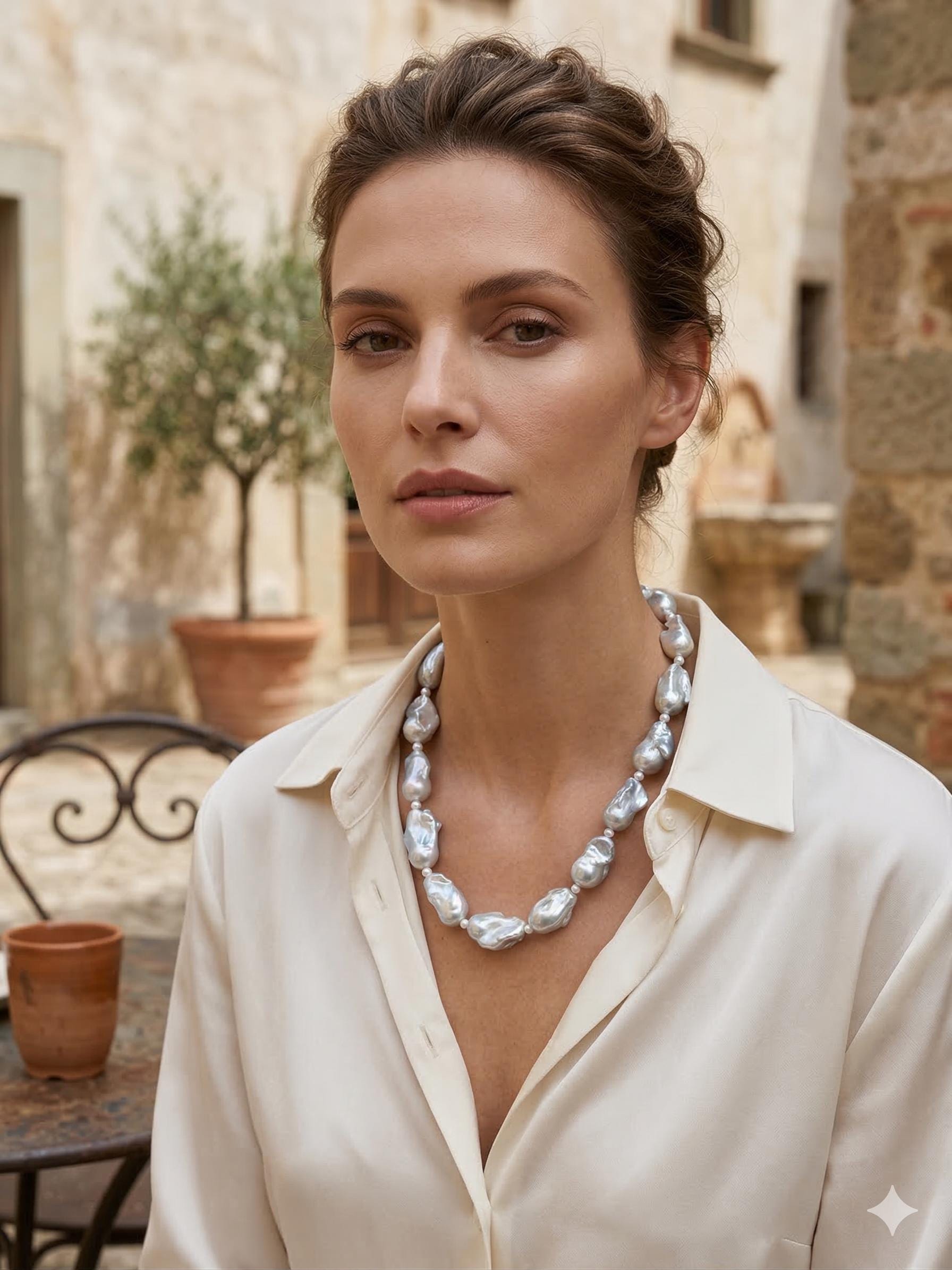 Silvery Blue Chunky Baroque Pearl Necklace – 11–13mm