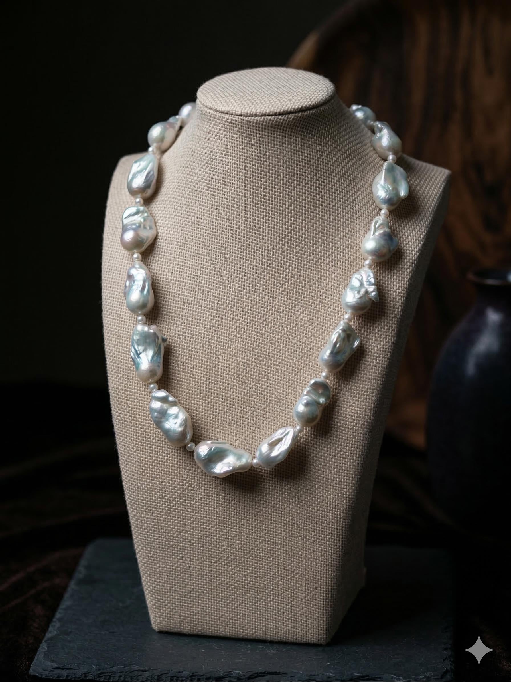 Silvery Blue Chunky Baroque Pearl Necklace – 11–13mm