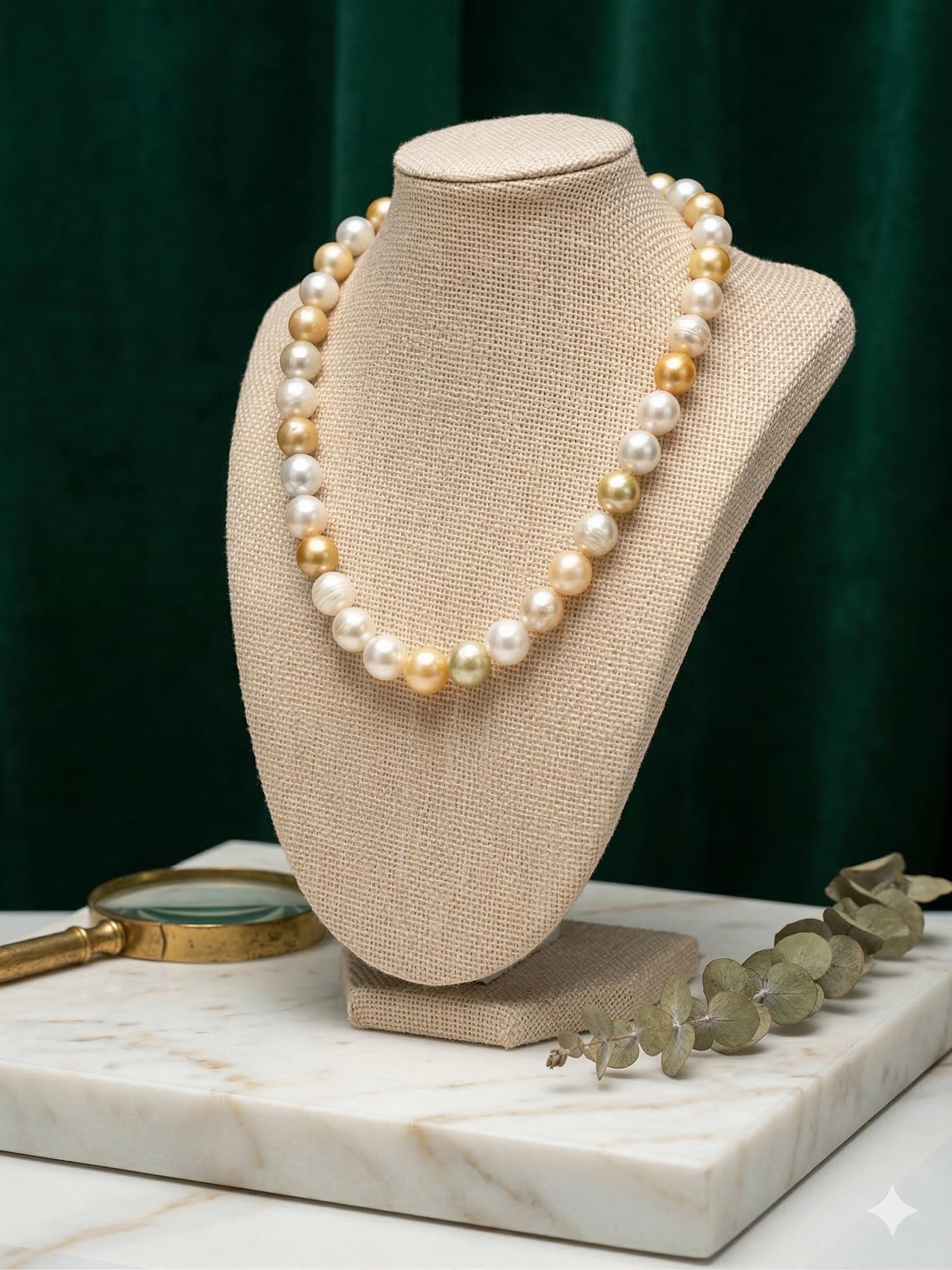 South Sea Pearl Necklace – White & Golden, 10–12mm