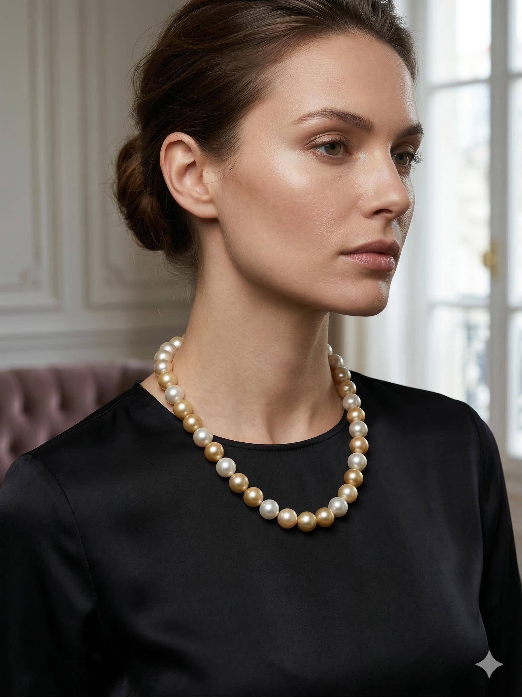 South Sea Pearl Necklace – White & Golden, 10–12mm
