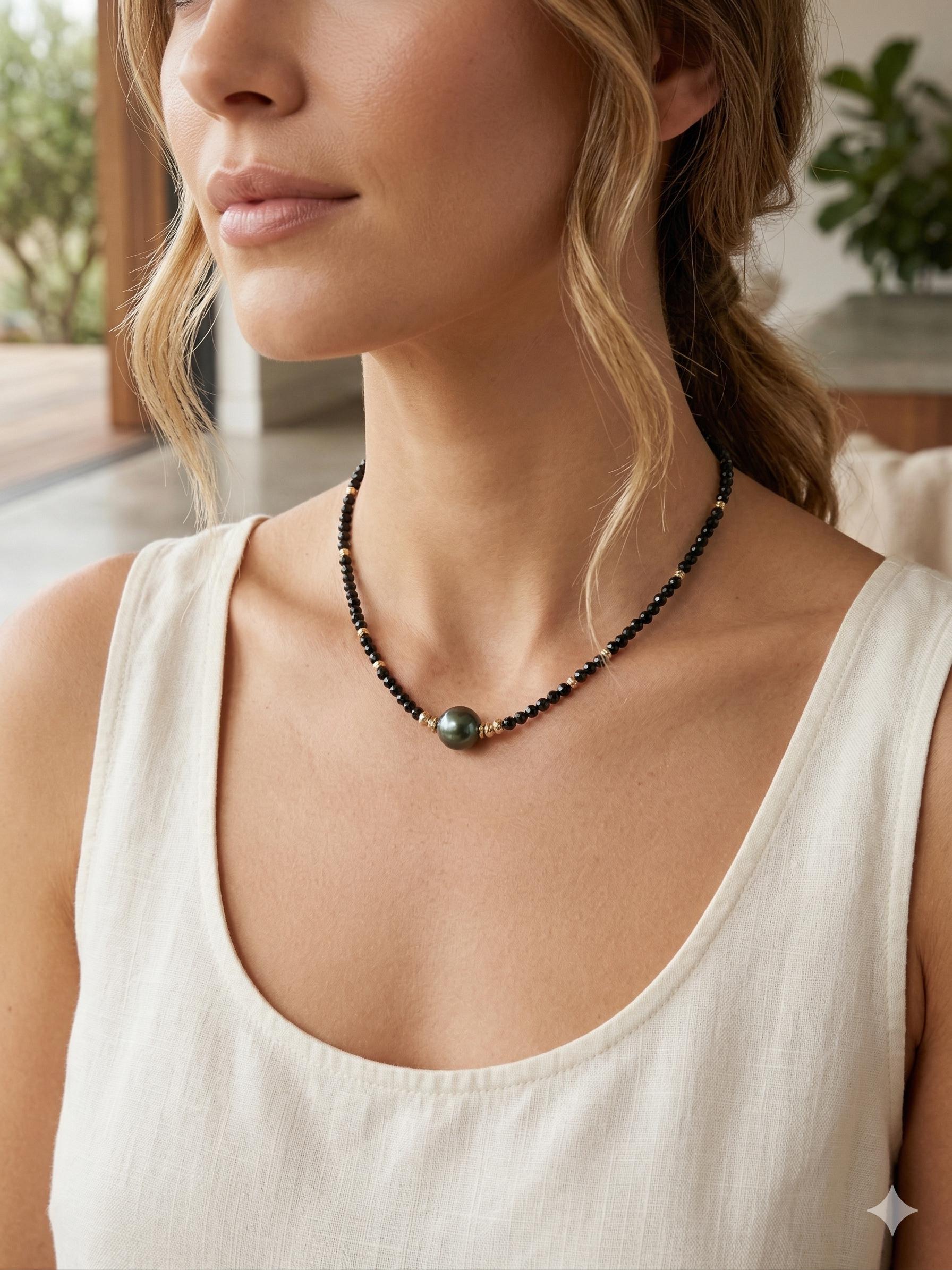 Tahitian & Akoya Pearl Necklace with Black Spinel – Minimalist Contrast