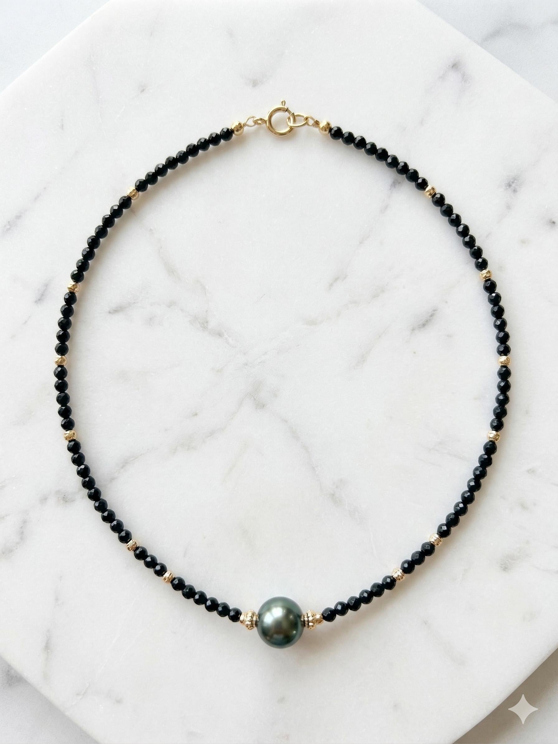Tahitian & Akoya Pearl Necklace with Black Spinel – Minimalist Contrast