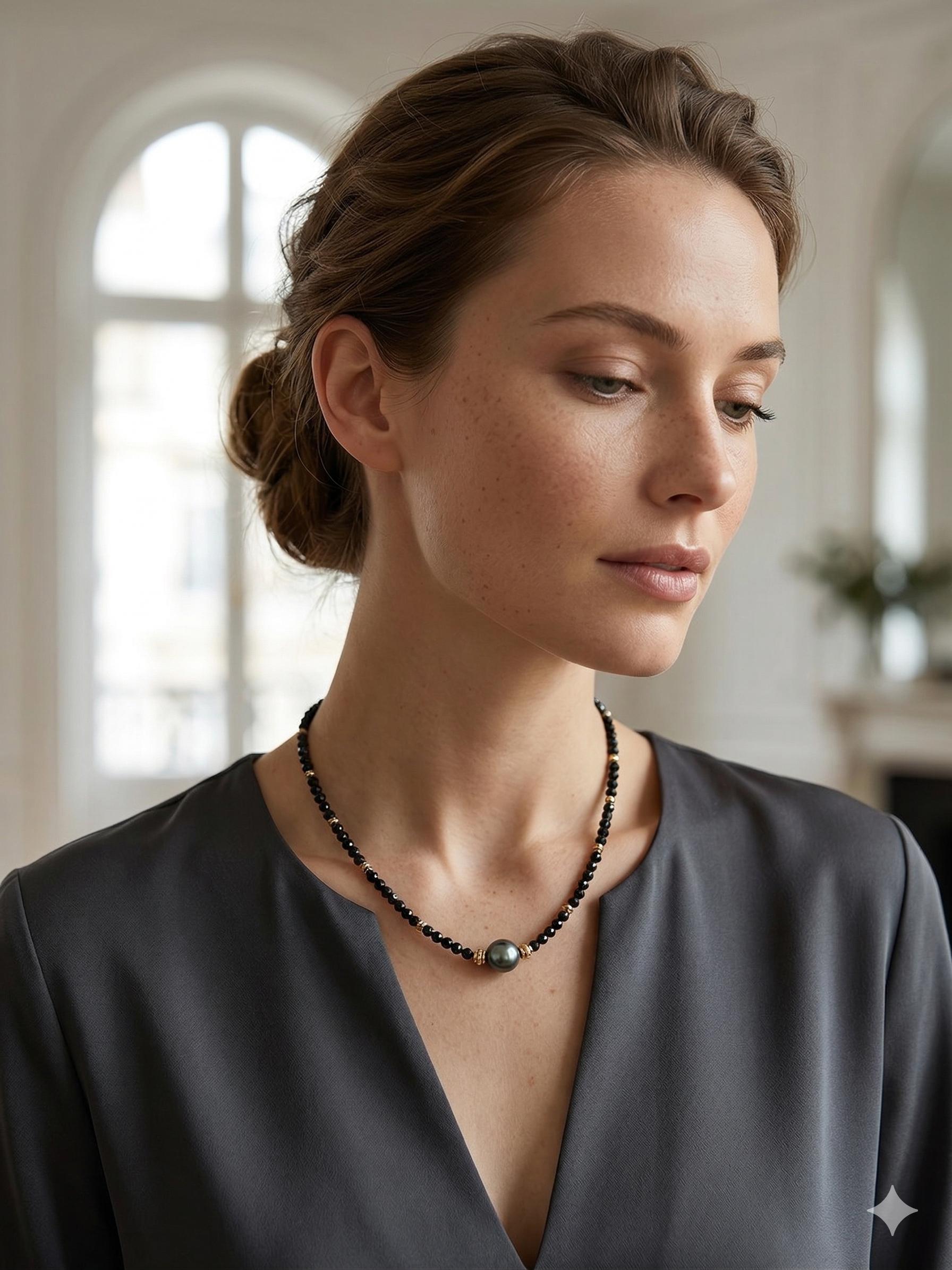 Tahitian & Akoya Pearl Necklace with Black Spinel – Minimalist Contrast