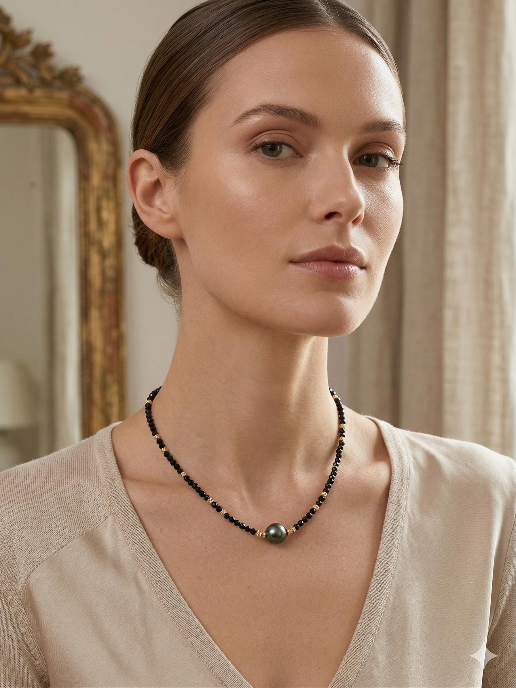 Tahitian & Akoya Pearl Necklace with Black Spinel – Minimalist Contrast
