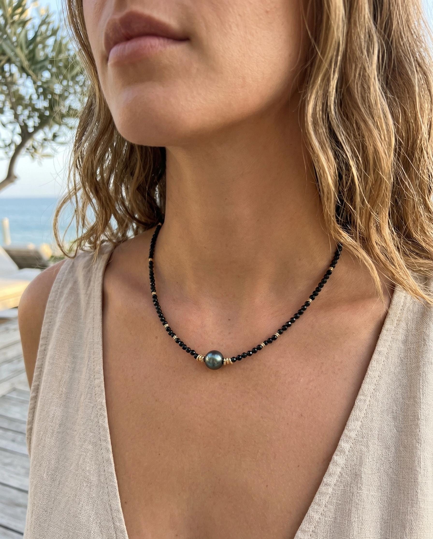 Tahitian & Akoya Pearl Necklace with Black Spinel – Minimalist Contrast