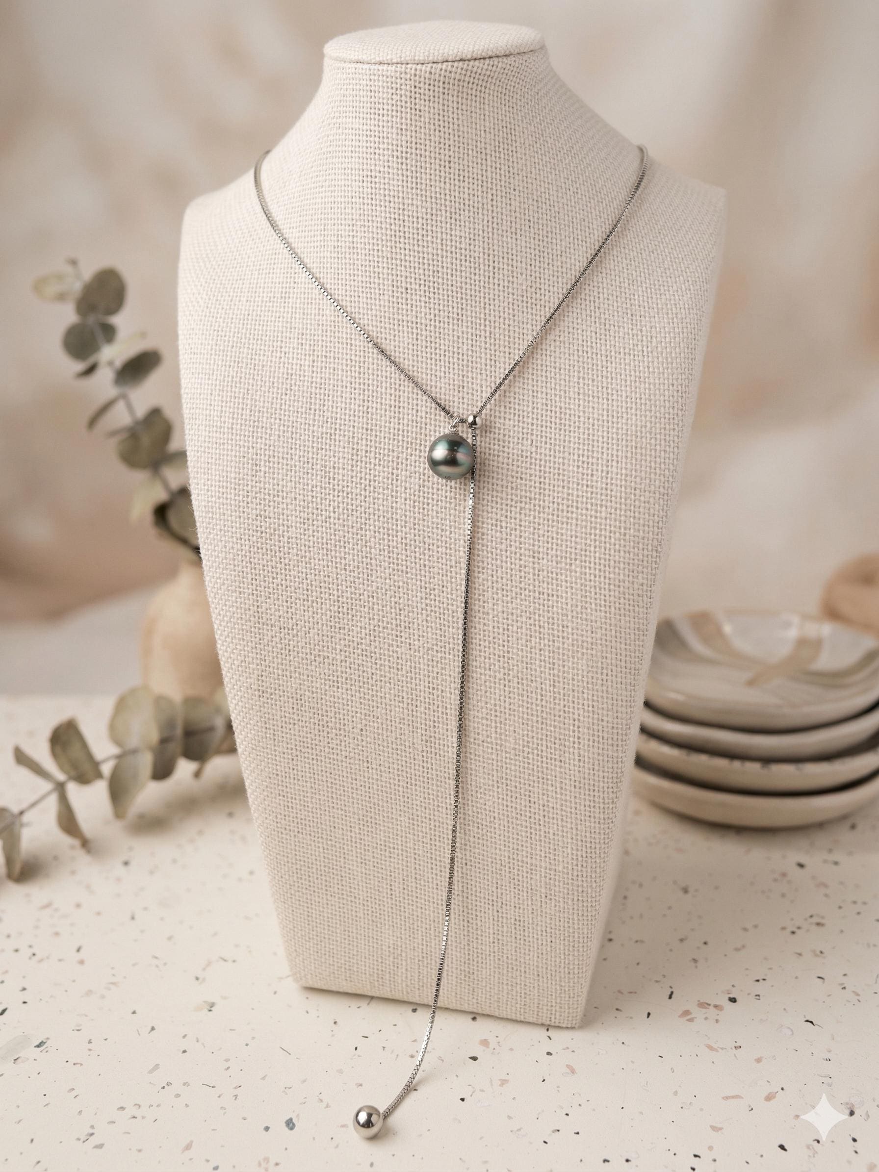 Tahitian Baroque Pearl Lariat Necklace – Stainless Steel, 12–15mm