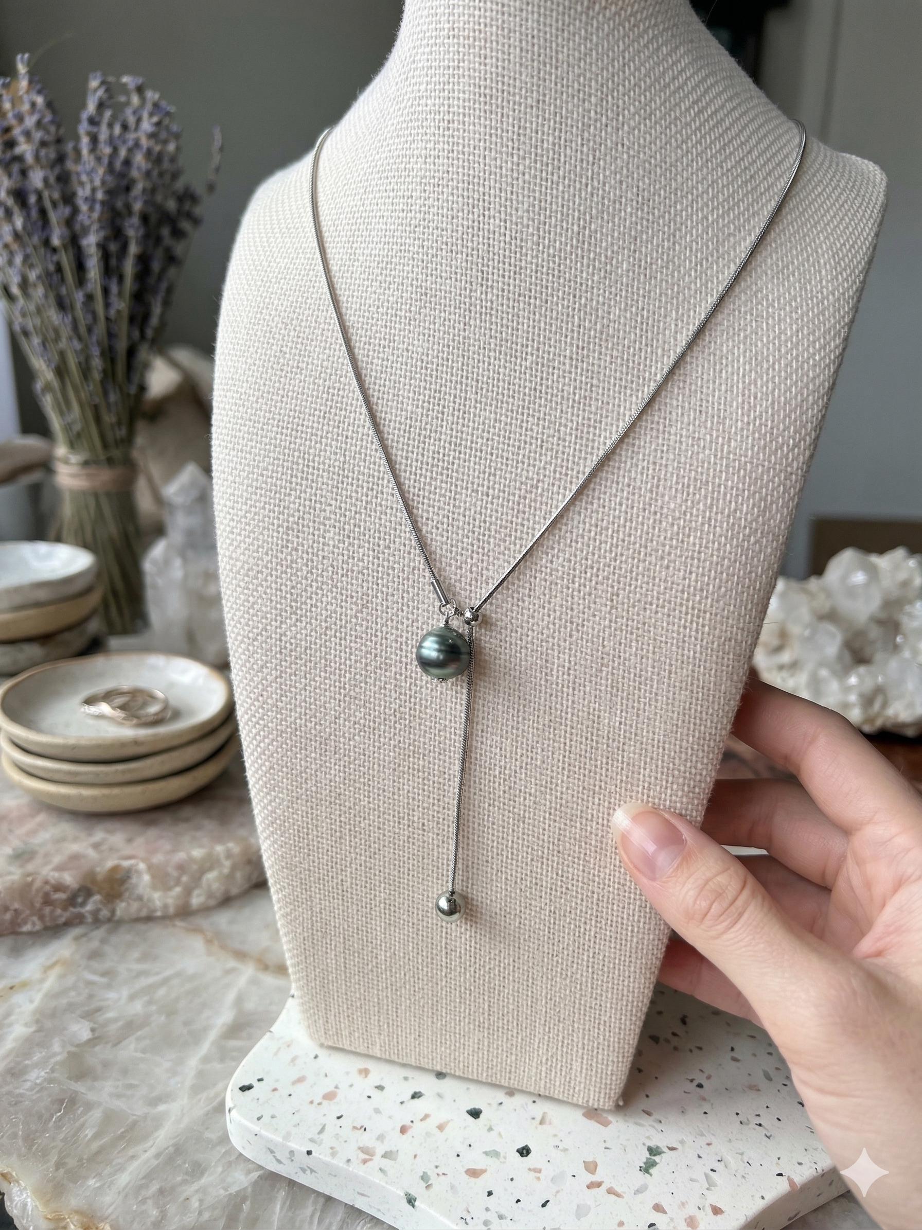 Tahitian Baroque Pearl Lariat Necklace – Stainless Steel, 12–15mm