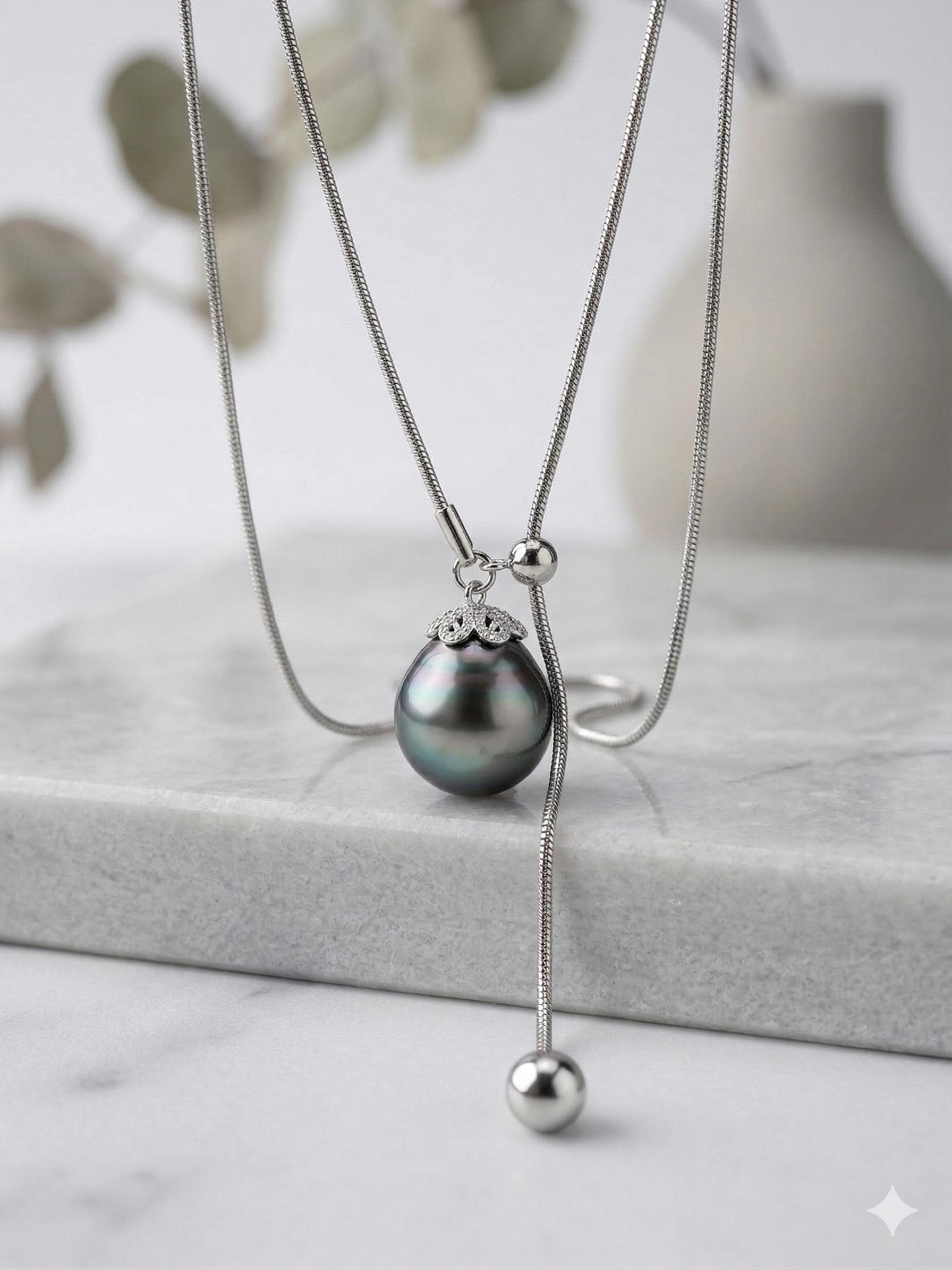 Tahitian Baroque Pearl Lariat Necklace – Stainless Steel, 12–15mm