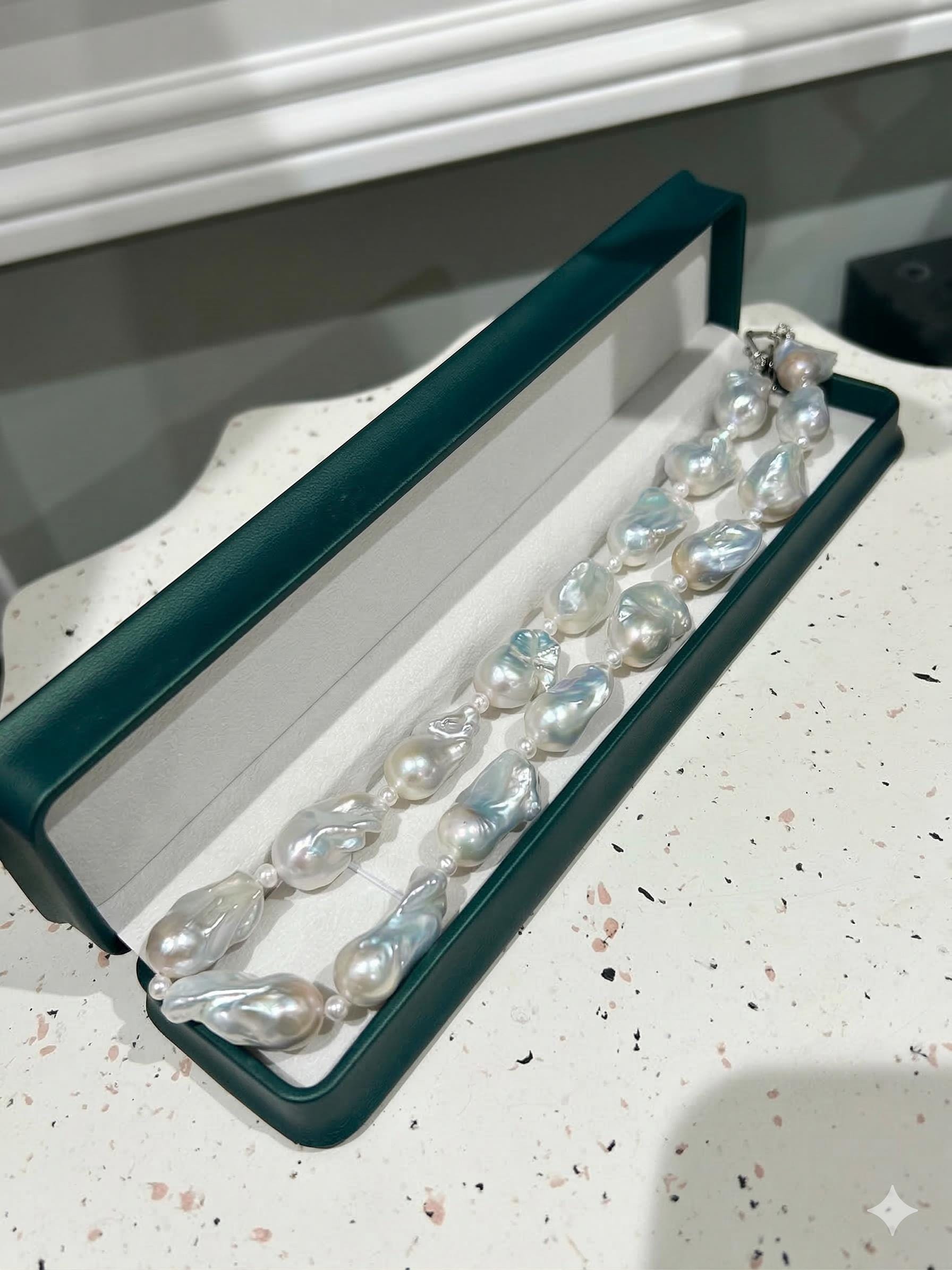 Silvery Blue Chunky Baroque Pearl Necklace – 11–13mm