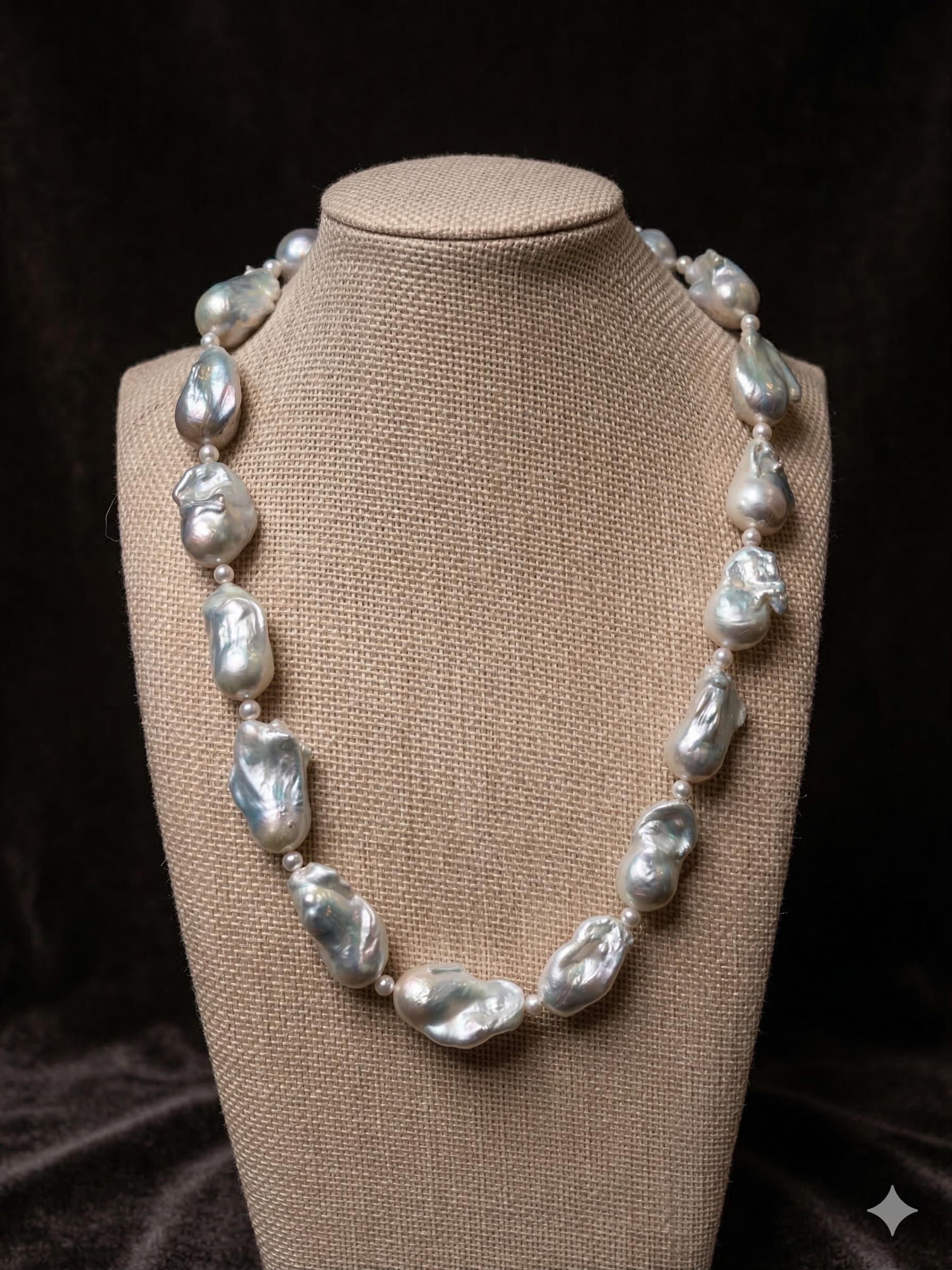 Silvery Blue Chunky Baroque Pearl Necklace – 11–13mm