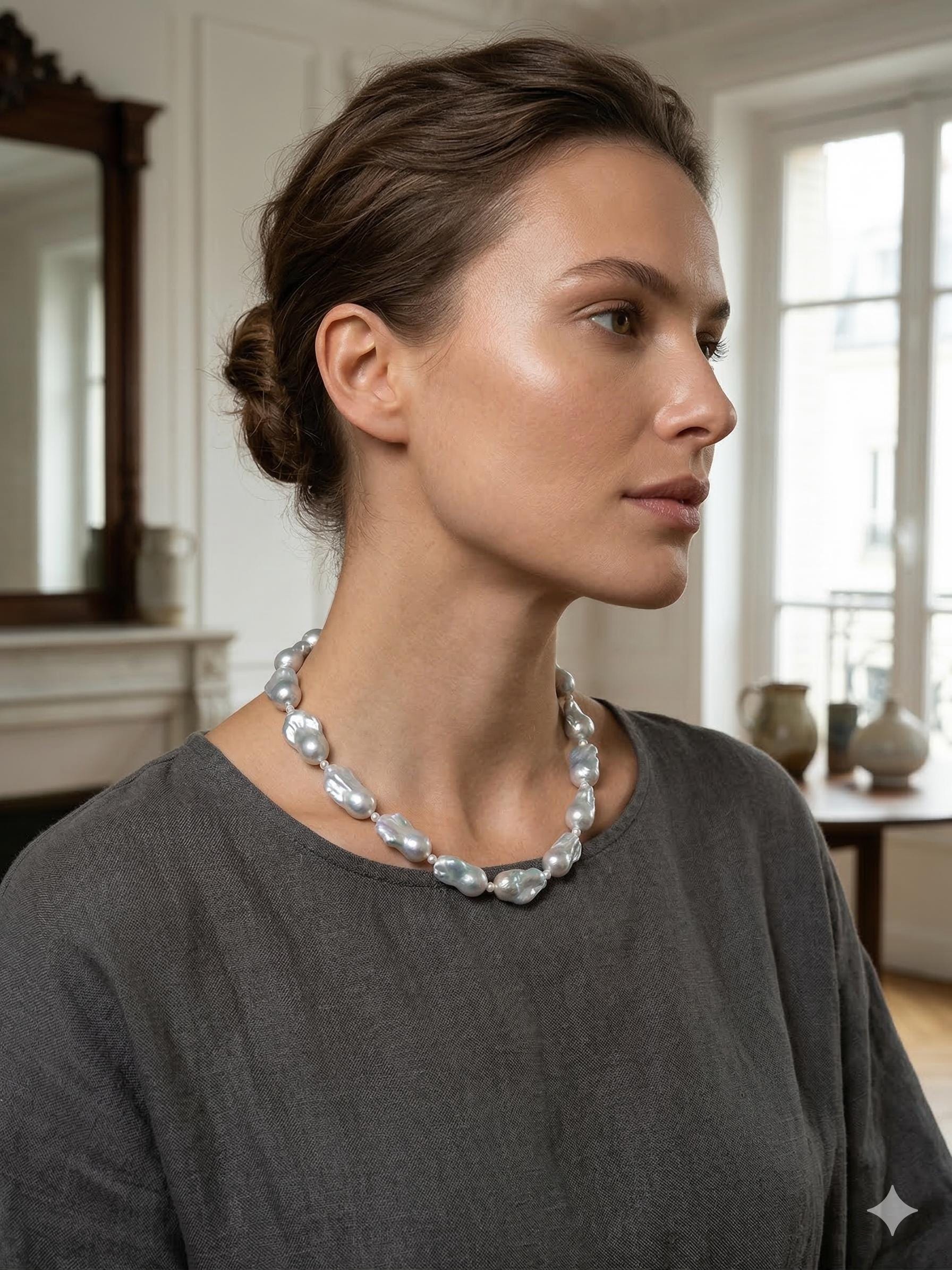 Silvery Blue Chunky Baroque Pearl Necklace – 11–13mm