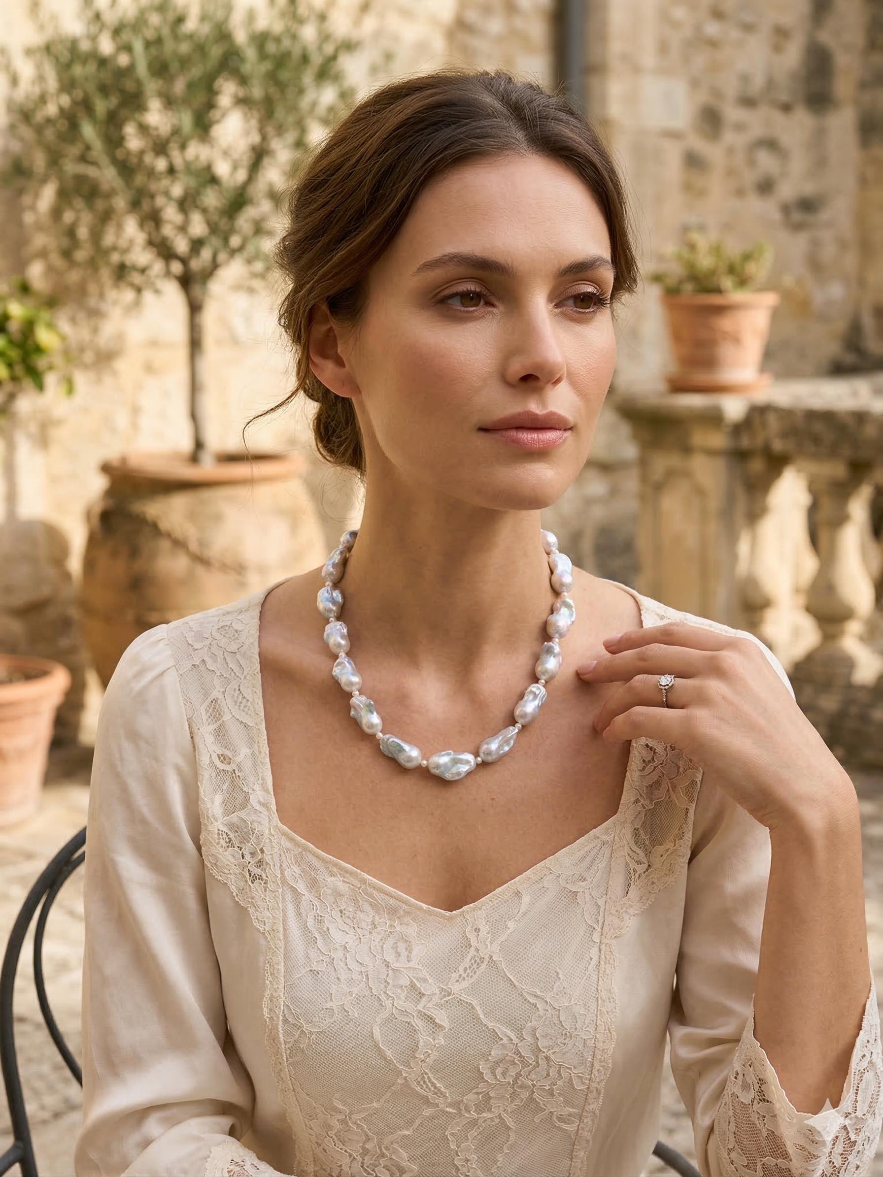 Silvery Blue Chunky Baroque Pearl Necklace – 11–13mm