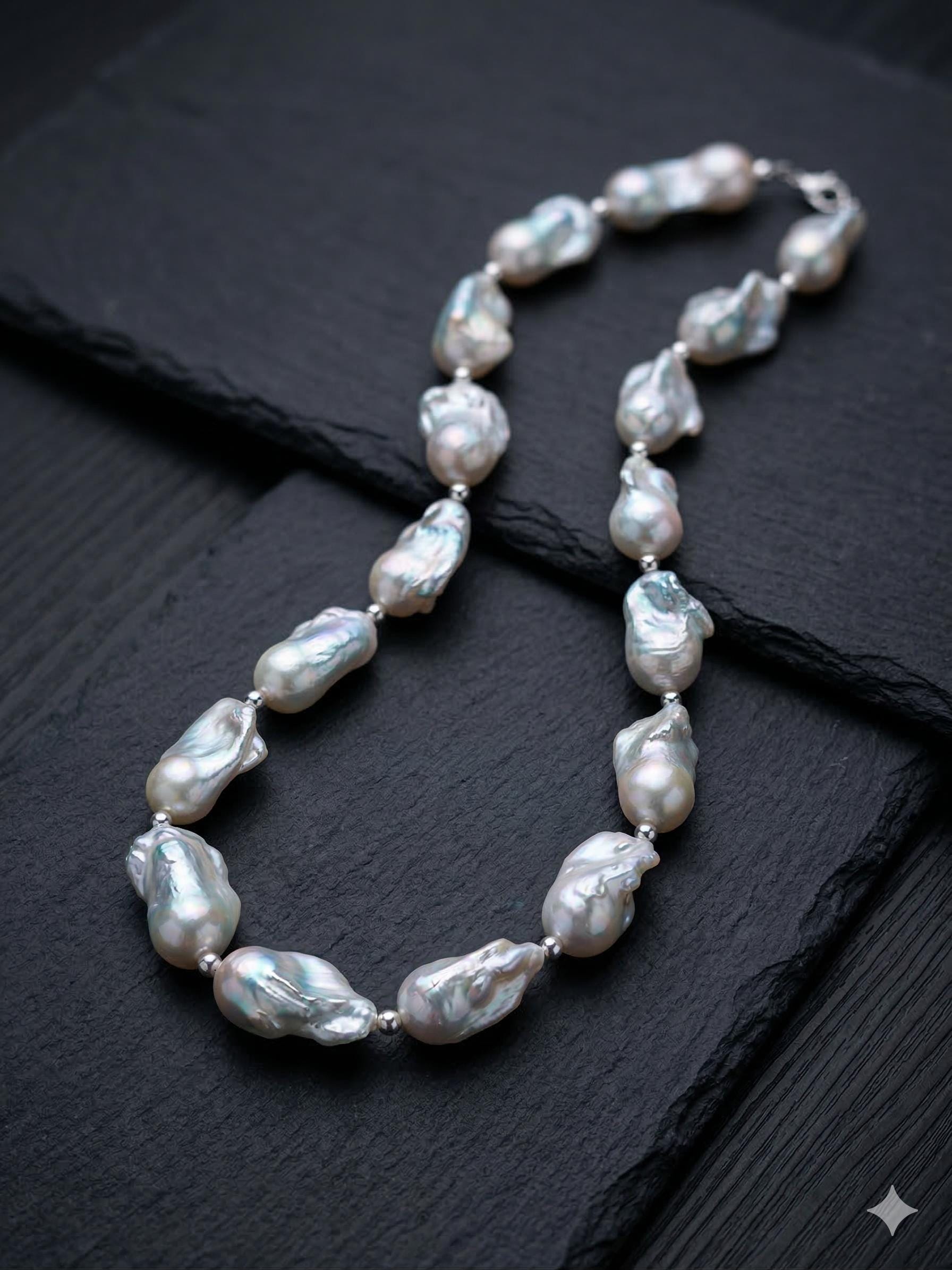 Silvery Blue Chunky Baroque Pearl Necklace – 11–13mm