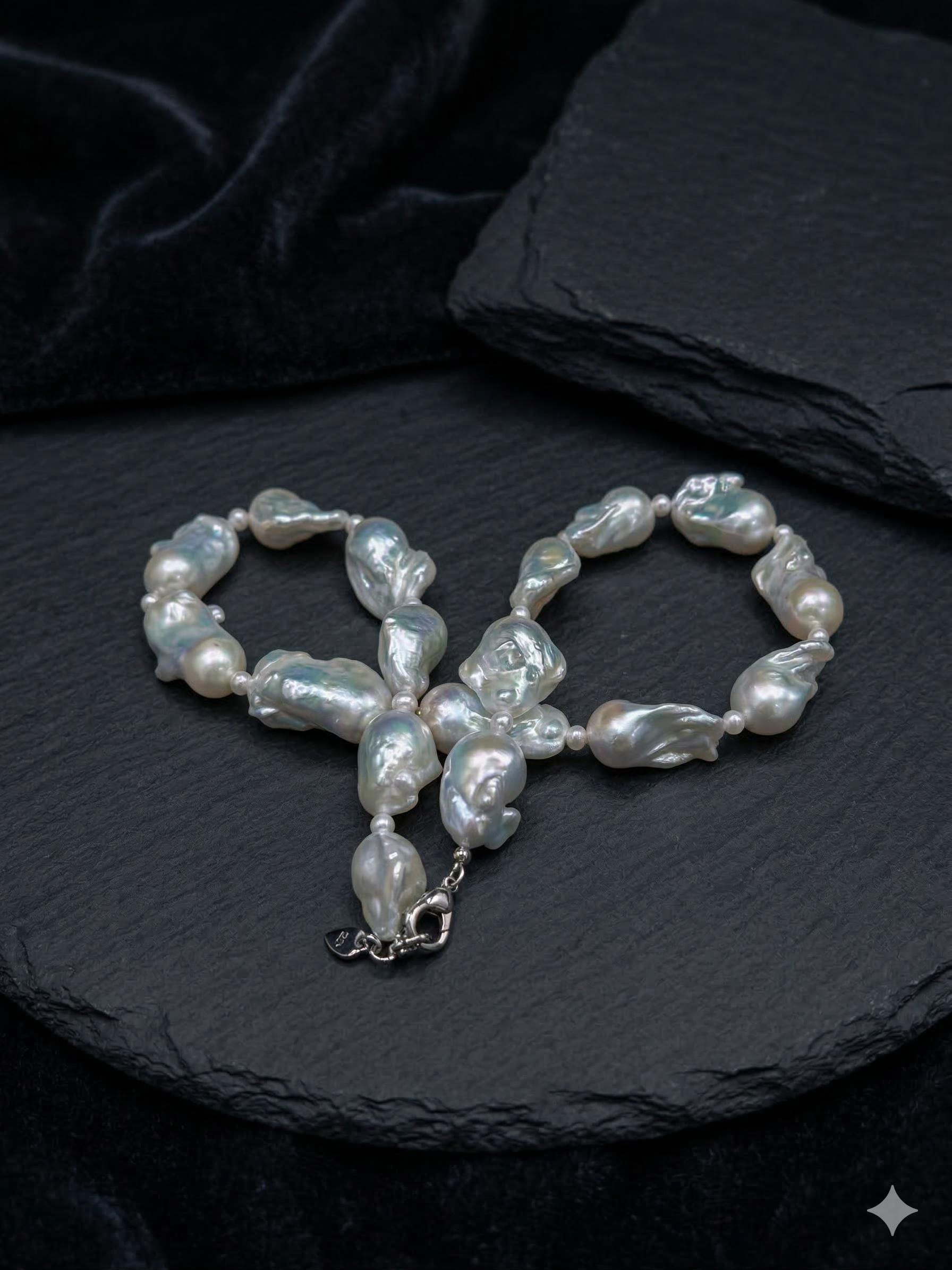 Silvery Blue Chunky Baroque Pearl Necklace – 11–13mm