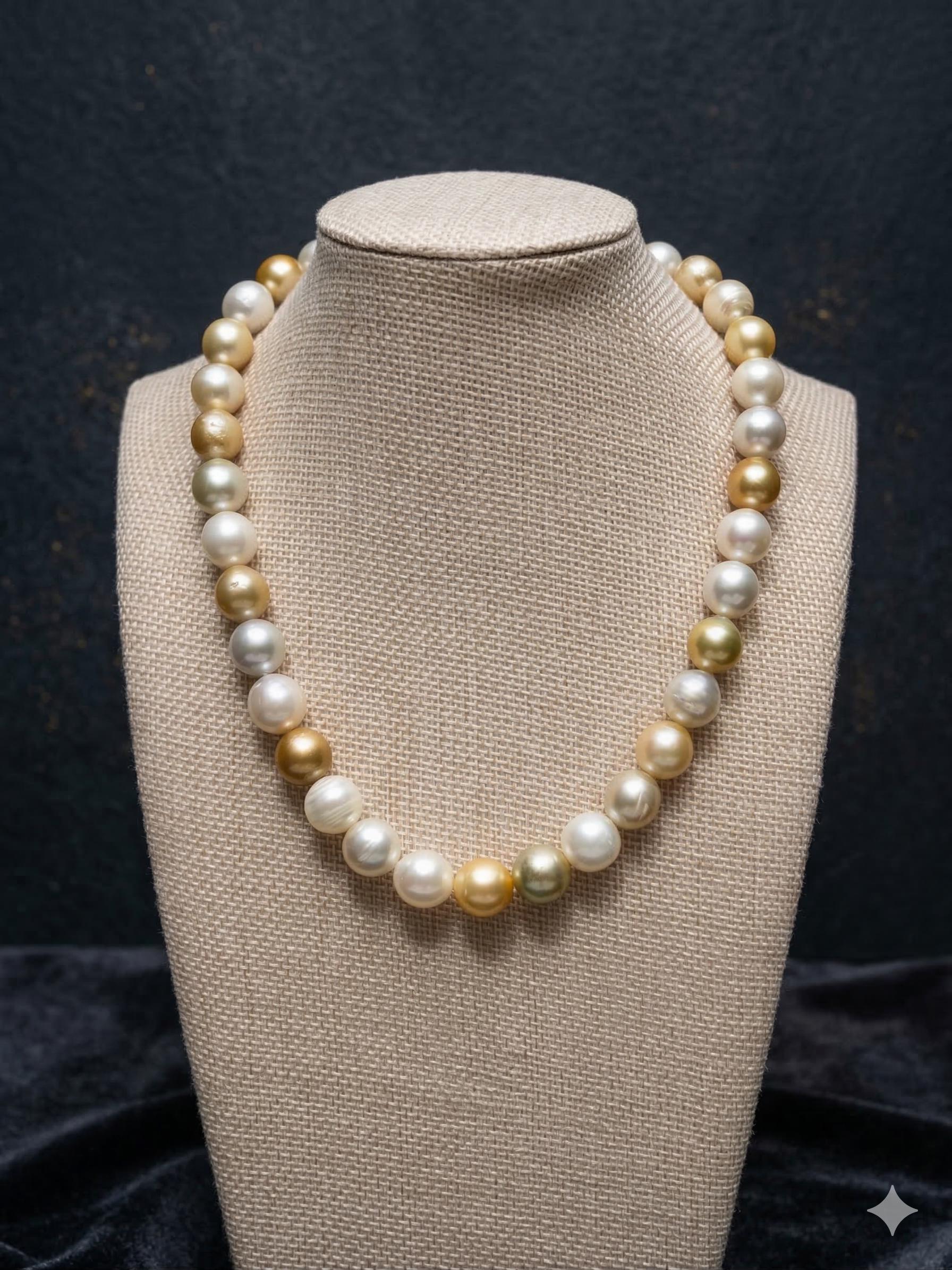 South Sea Pearl Necklace – White & Golden, 10–12mm