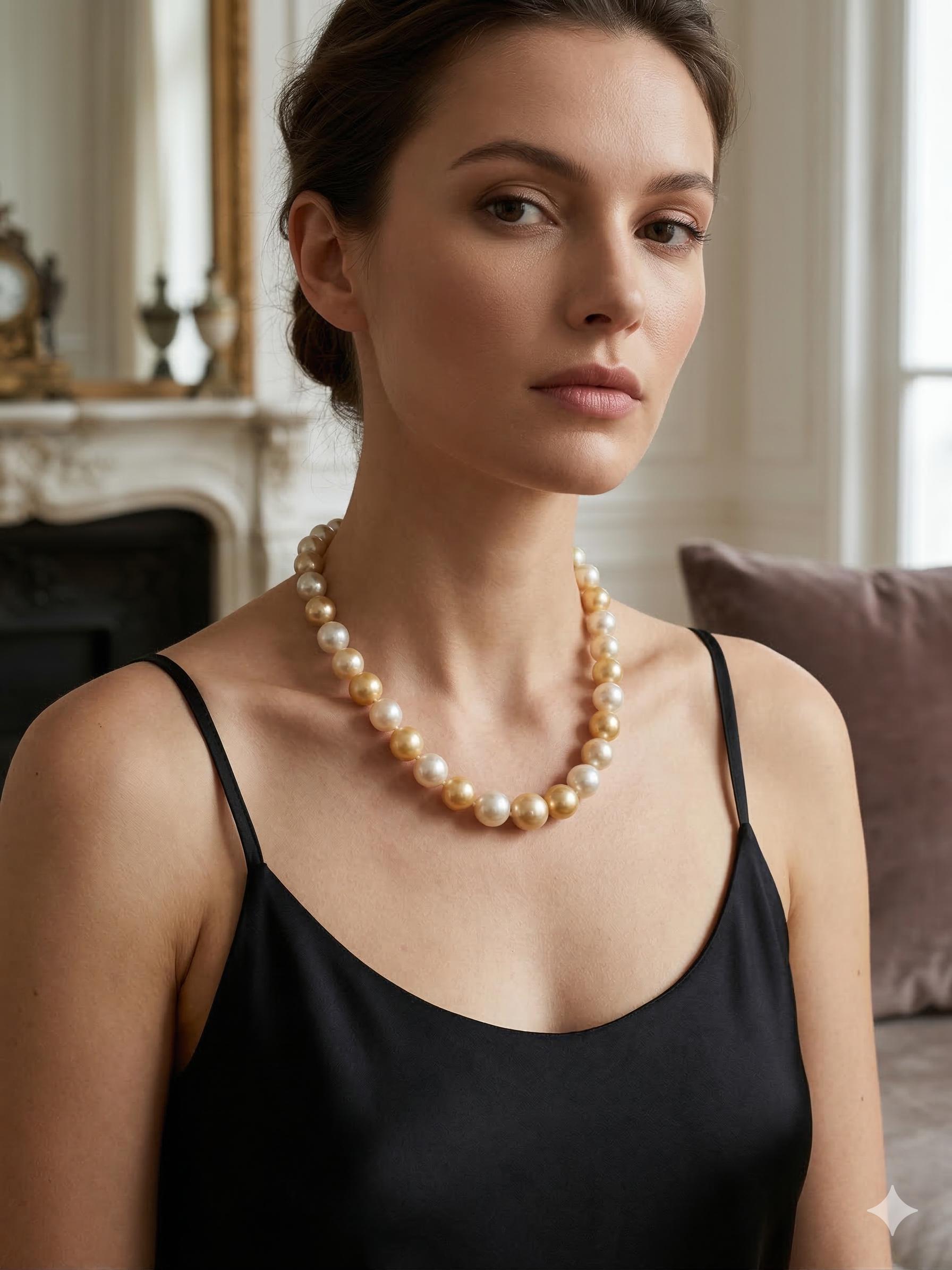 South Sea Pearl Necklace – White & Golden, 10–12mm