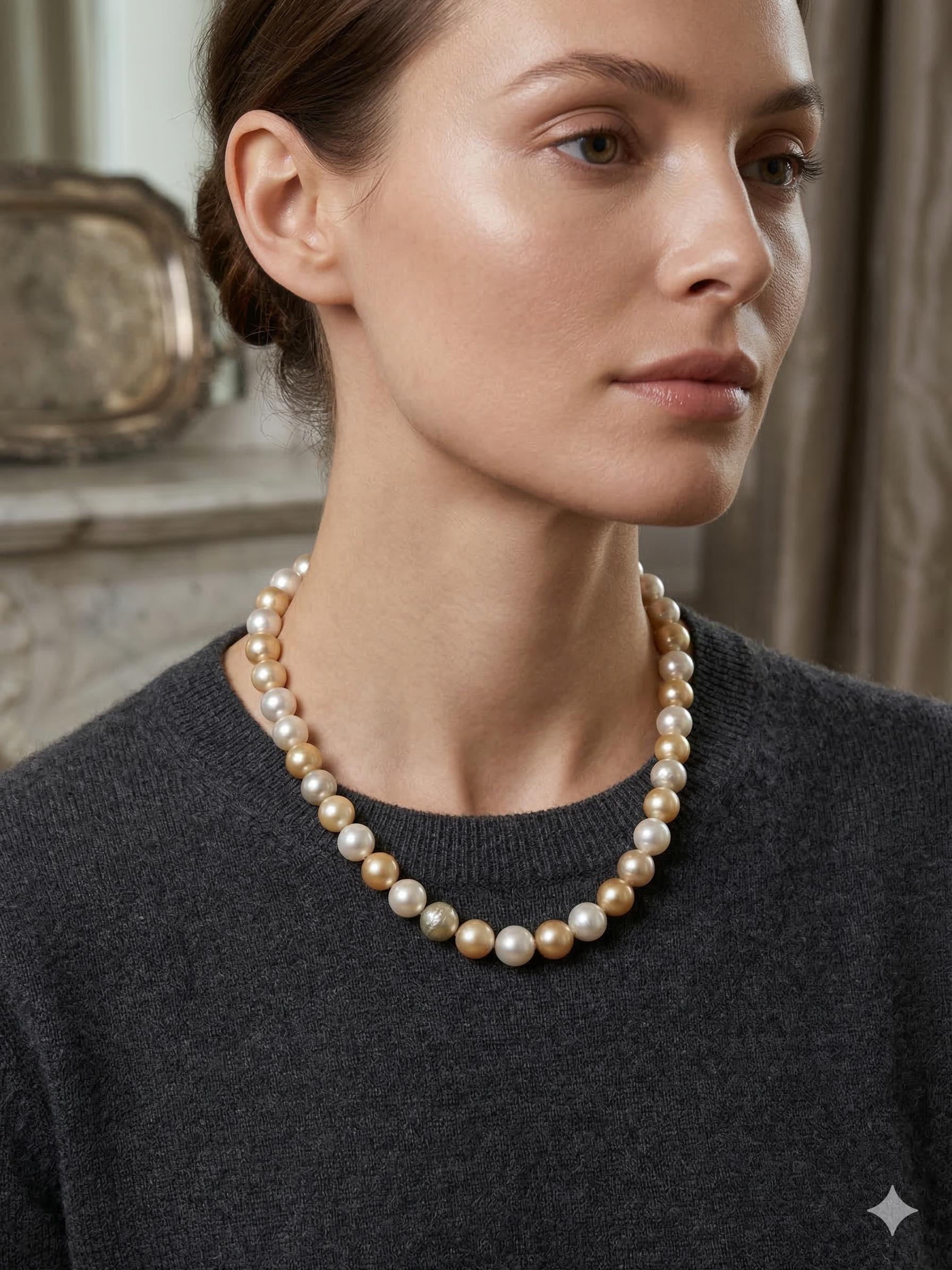South Sea Pearl Necklace – White & Golden, 10–12mm