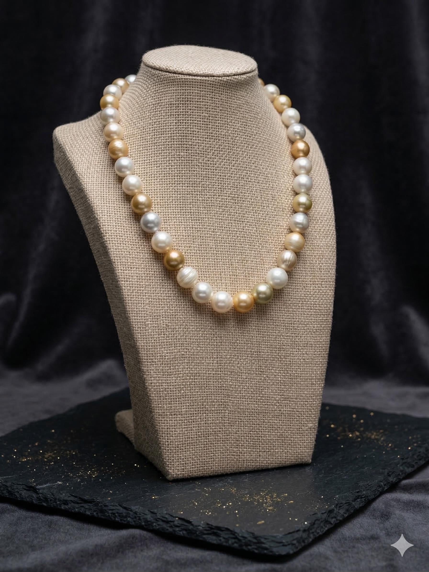 South Sea Pearl Necklace – White & Golden, 10–12mm
