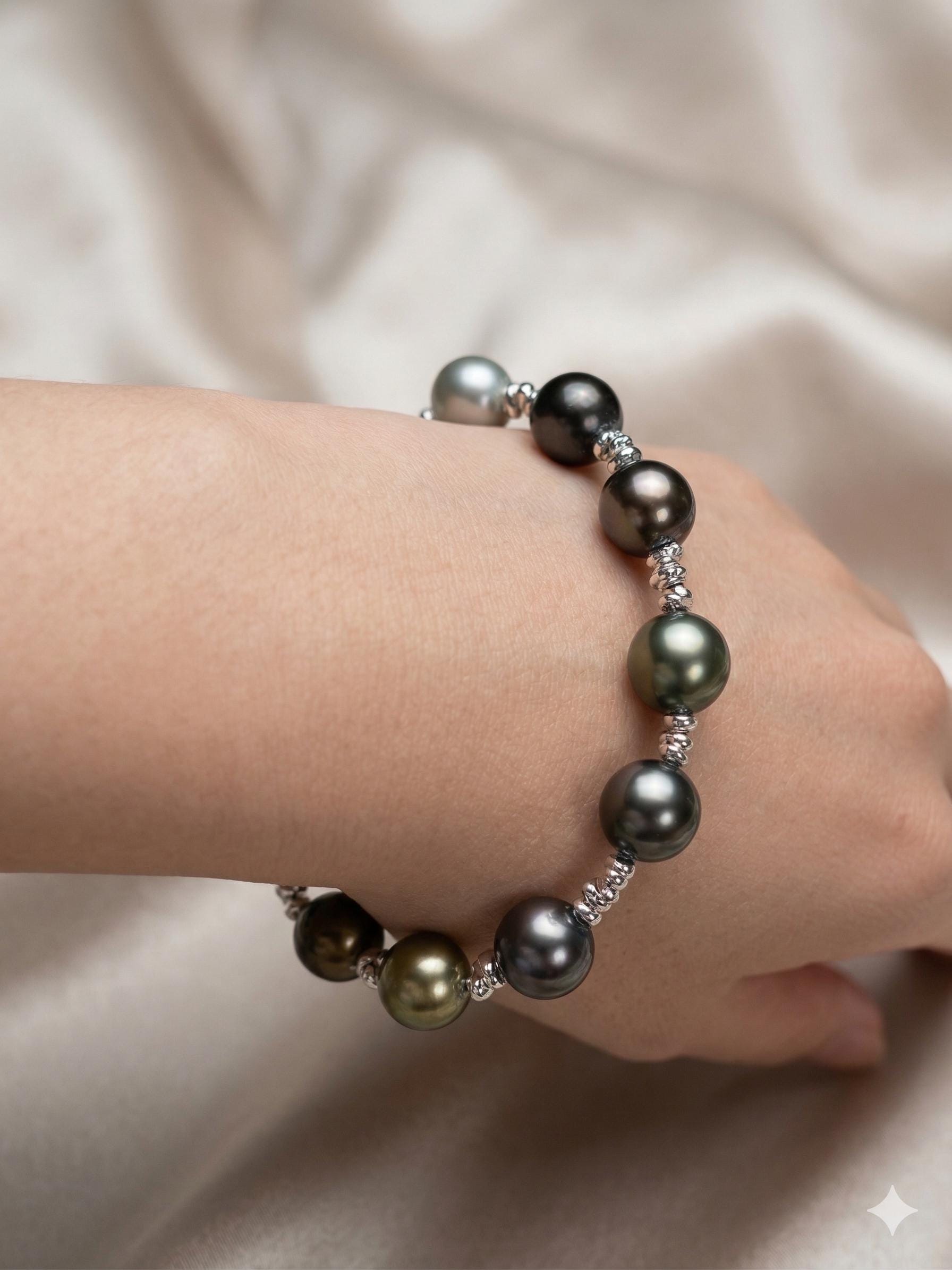 Iridescent Multicolor Tahitian Pearl Bracelet — Silver Tone, Adjustable
