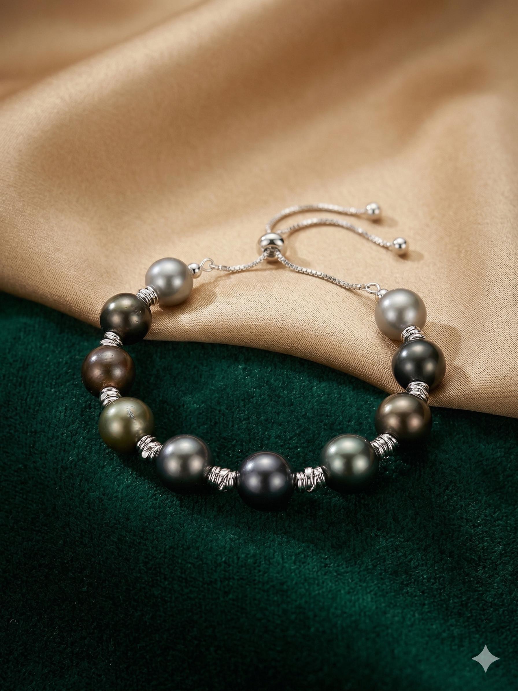 Iridescent Multicolor Tahitian Pearl Bracelet — Silver Tone, Adjustable