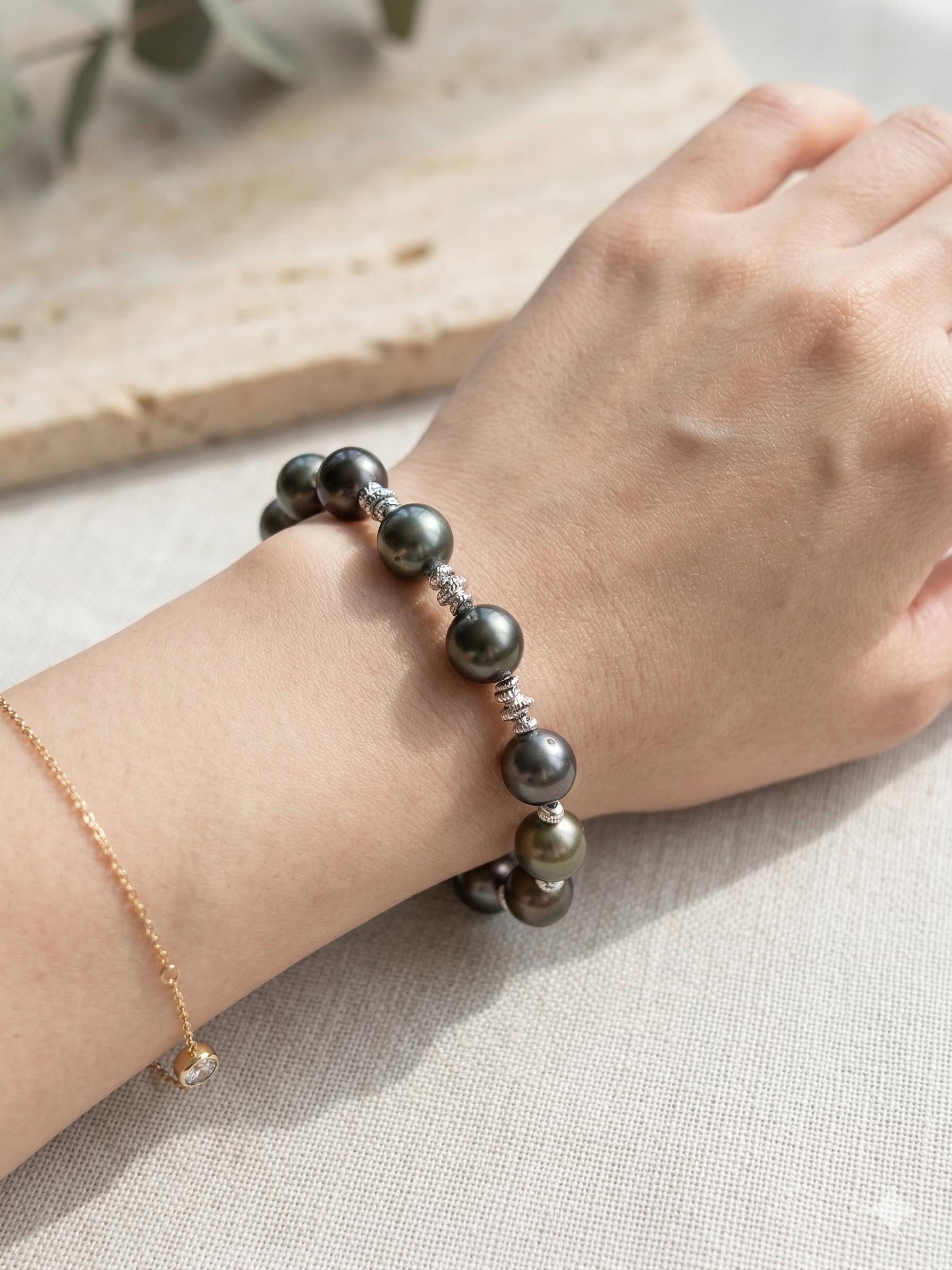 Iridescent Multicolor Tahitian Pearl Bracelet — Silver Tone, Adjustable