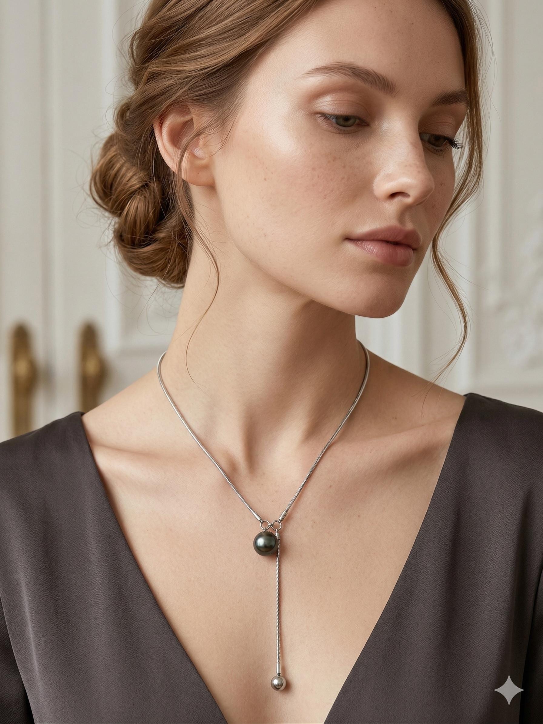 Tahitian Baroque Pearl Lariat Necklace – Stainless Steel, 12–15mm