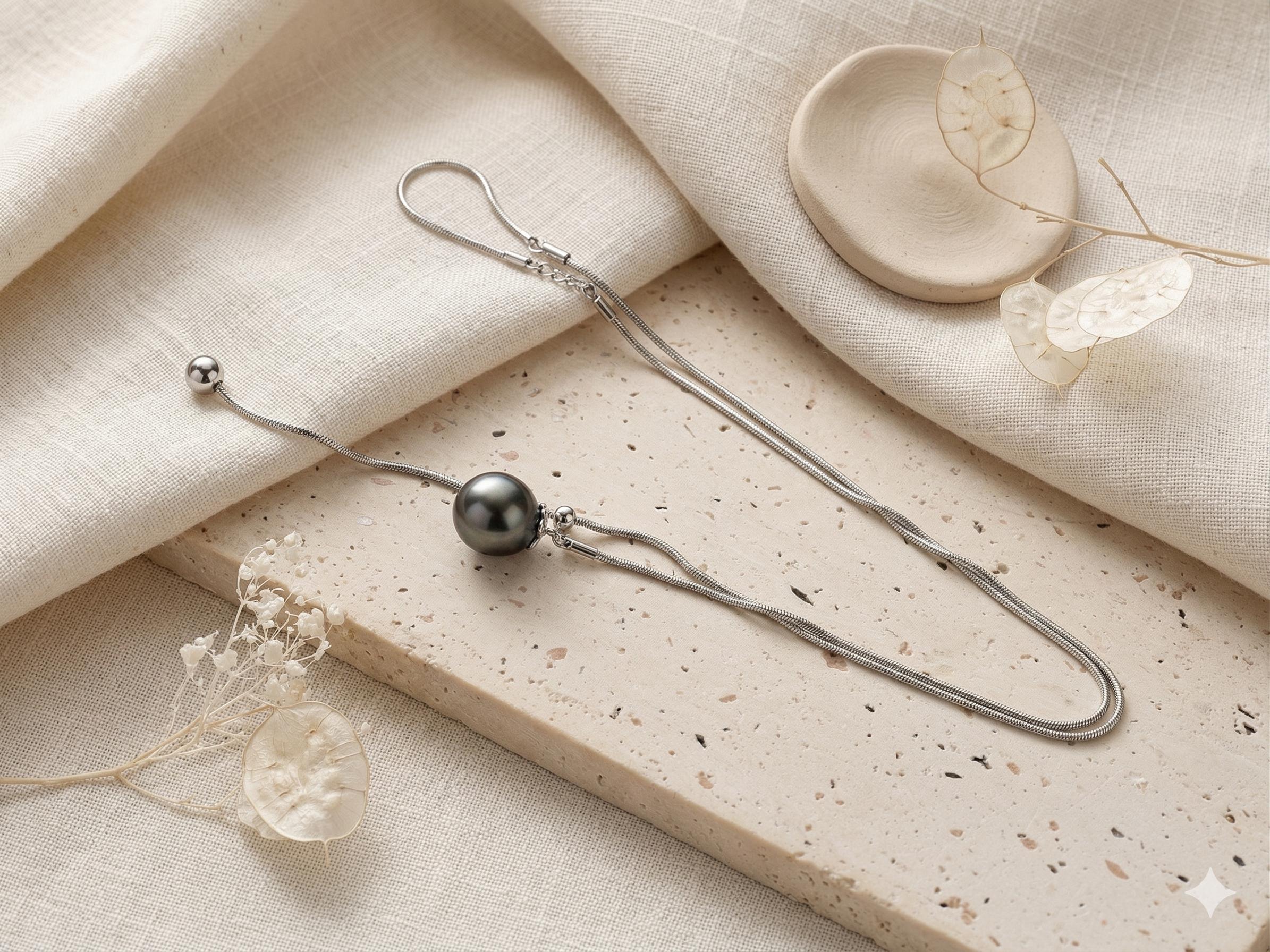 Tahitian Baroque Pearl Lariat Necklace – Stainless Steel, 12–15mm