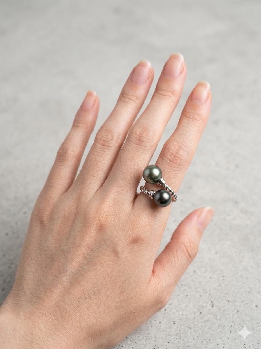 Double Tahitian Pearl Ring — Peacock & Platinum, Adjustable Band