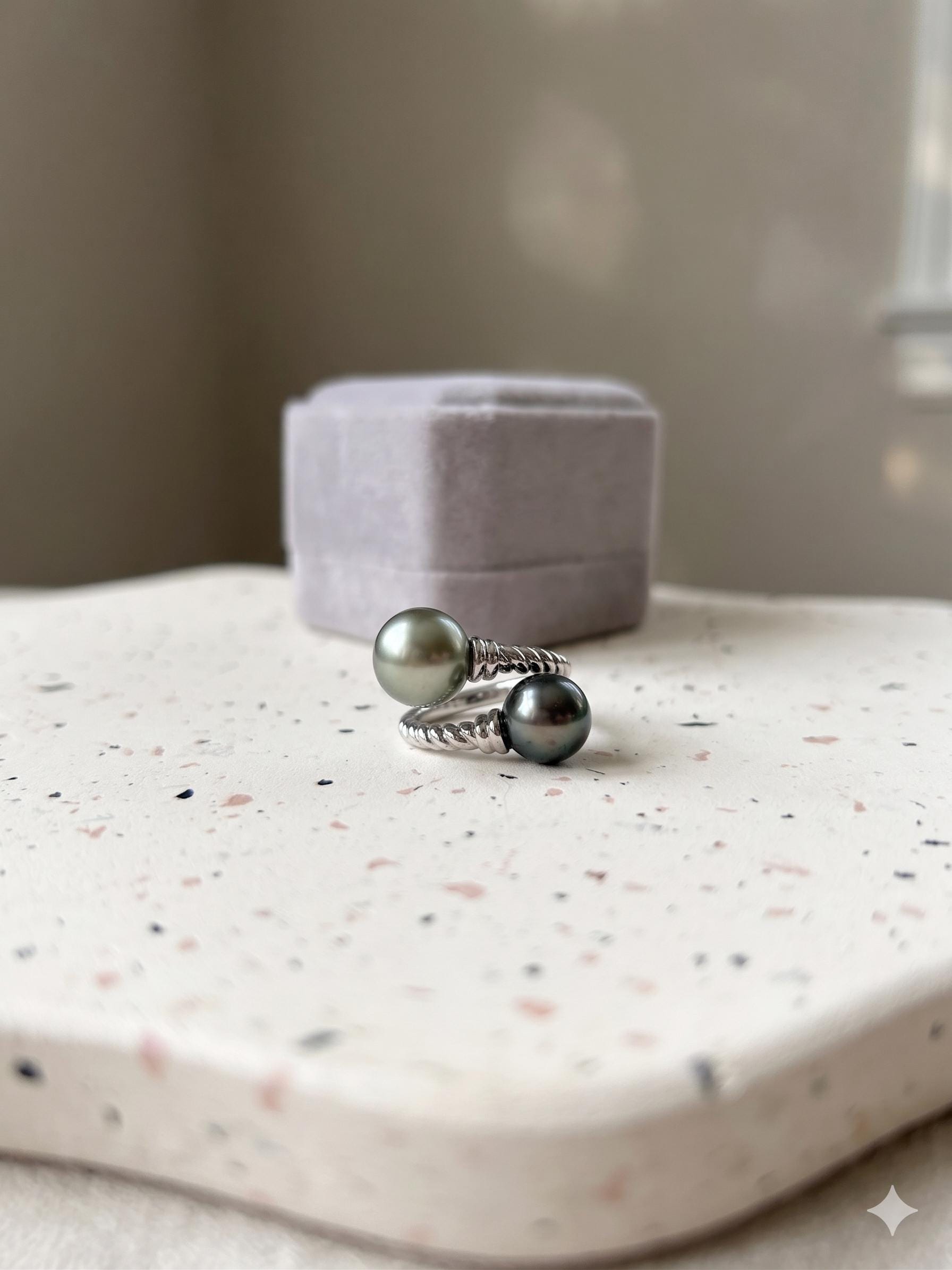 Double Tahitian Pearl Ring — Peacock & Platinum, Adjustable Band