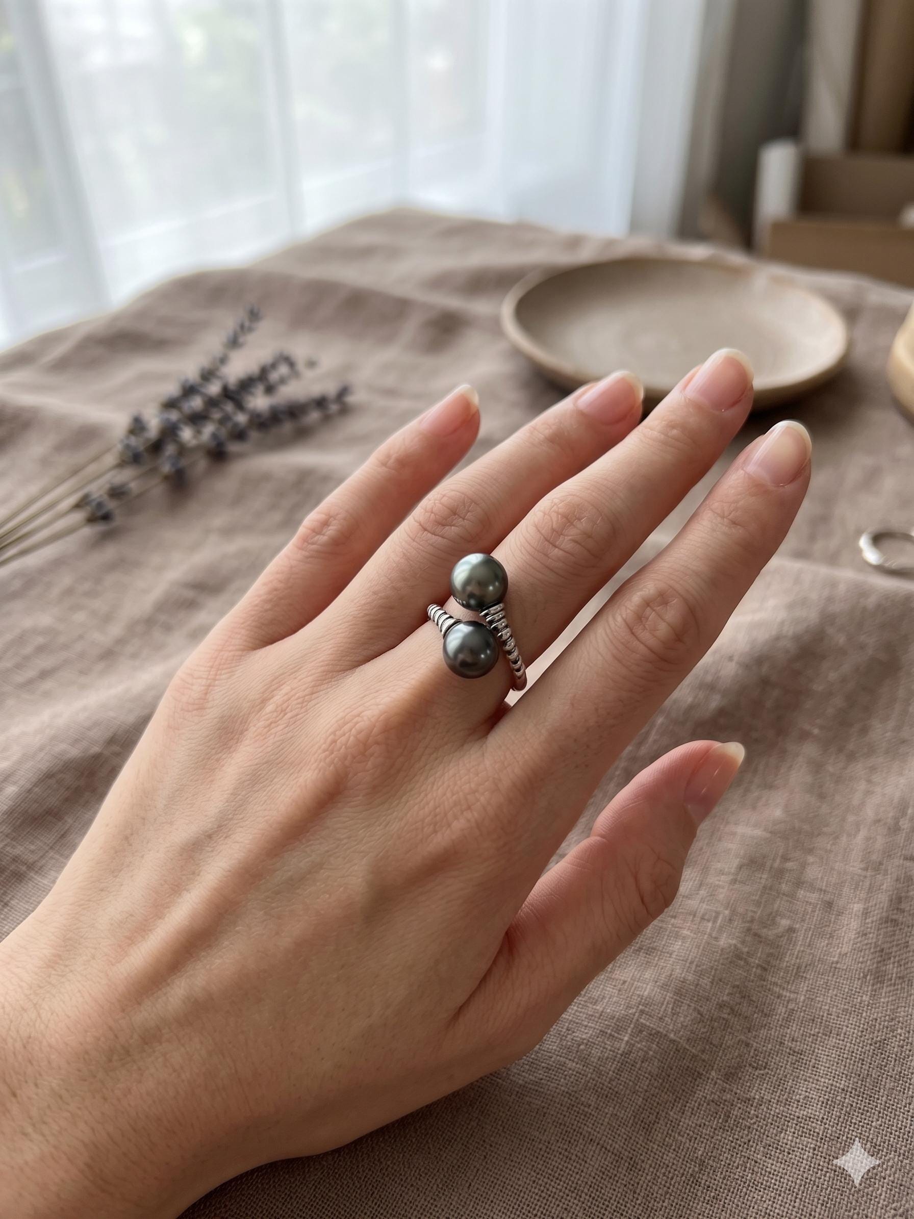 Double Tahitian Pearl Ring — Peacock & Platinum, Adjustable Band