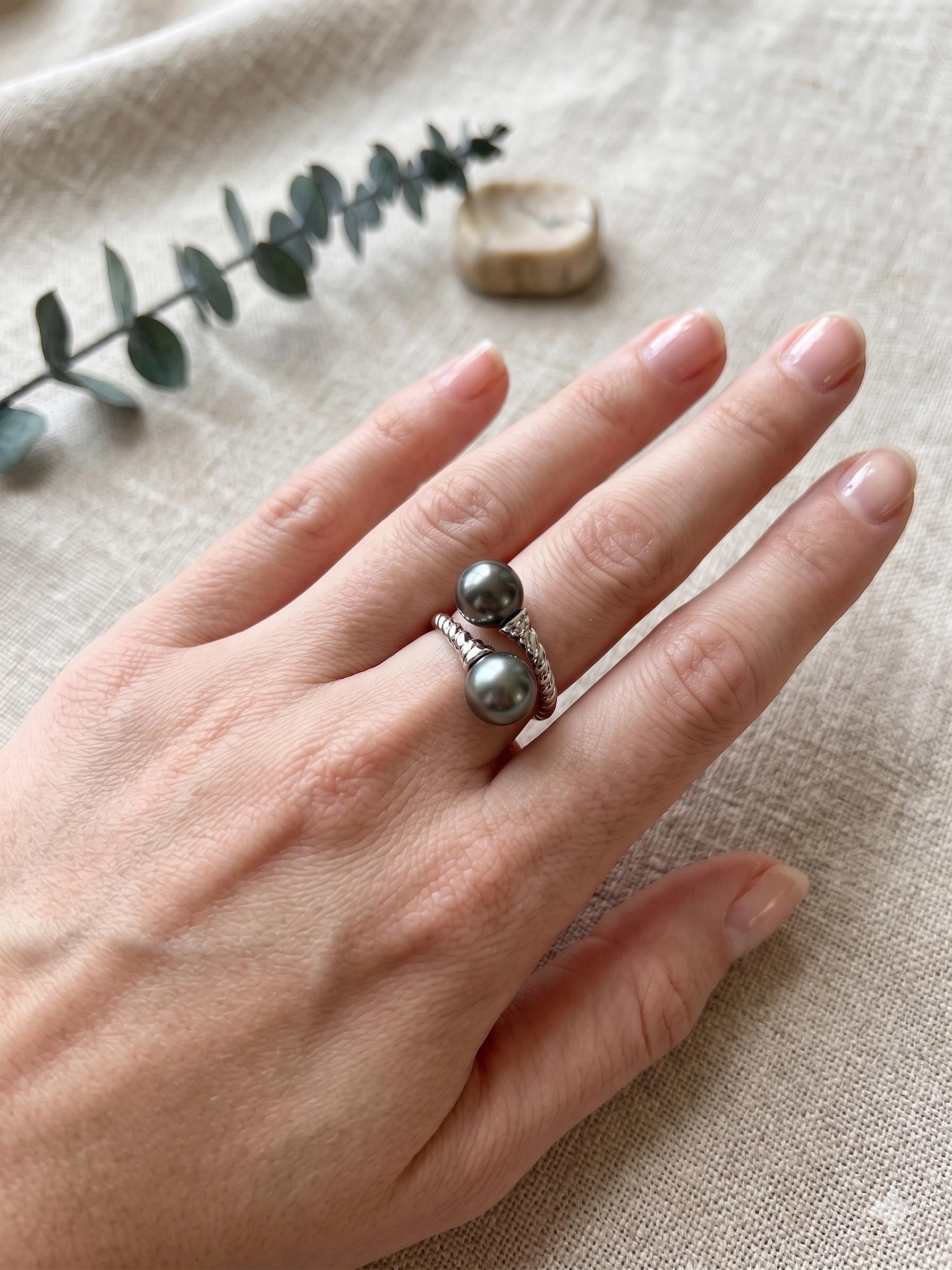 Double Tahitian Pearl Ring — Peacock & Platinum, Adjustable Band