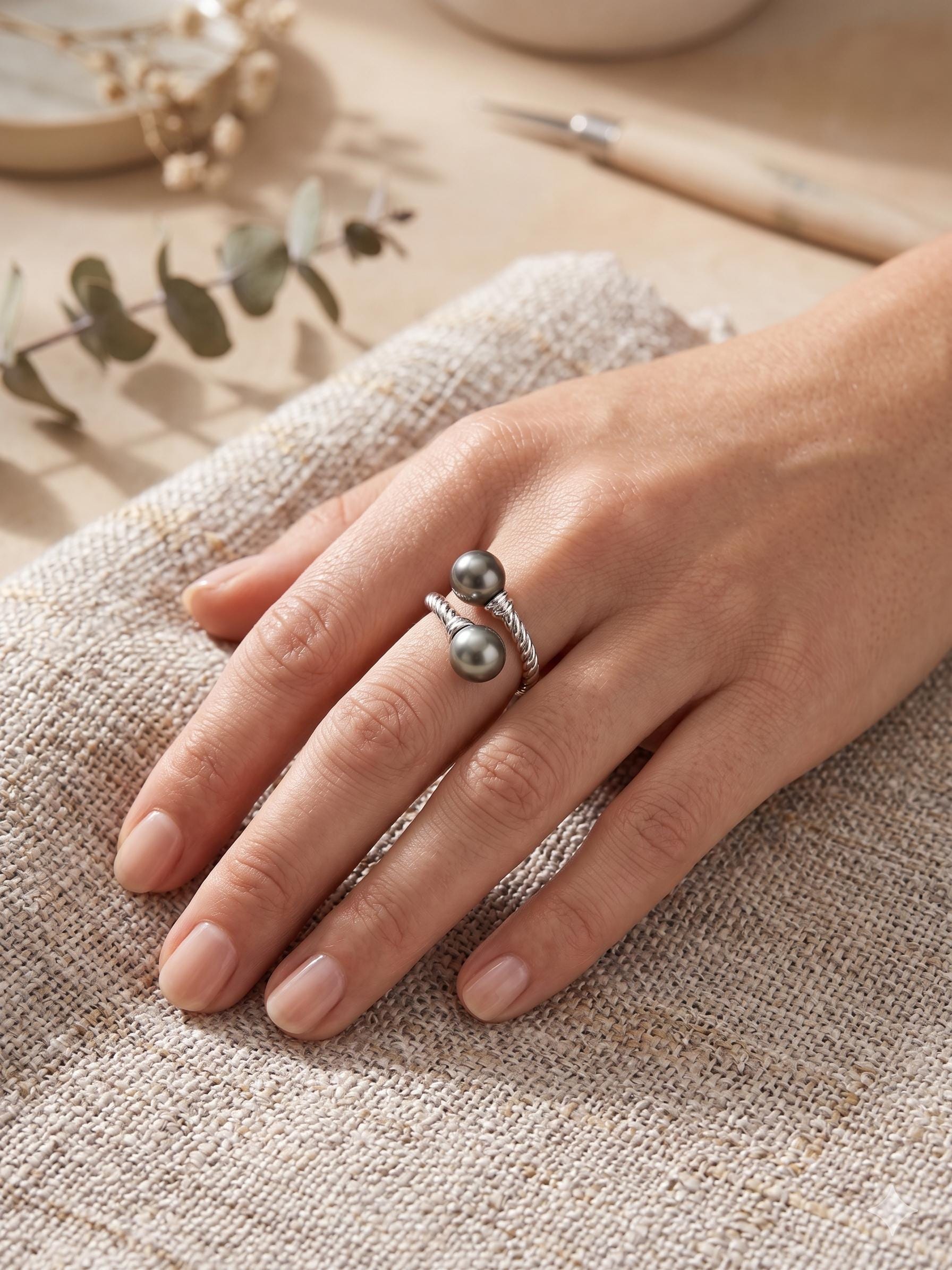 Double Tahitian Pearl Ring — Peacock & Platinum, Adjustable Band