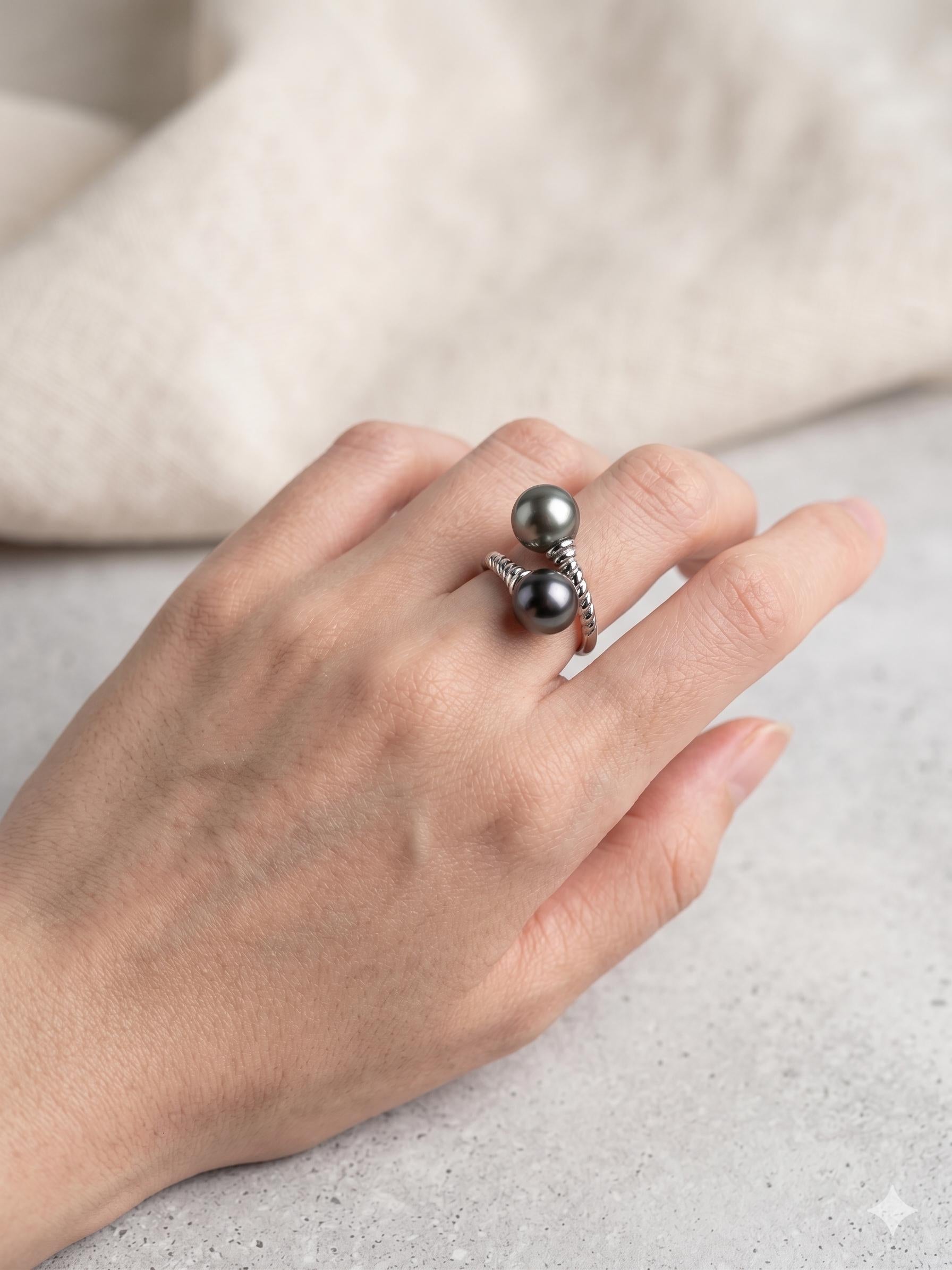 Double Tahitian Pearl Ring — Peacock & Platinum, Adjustable Band